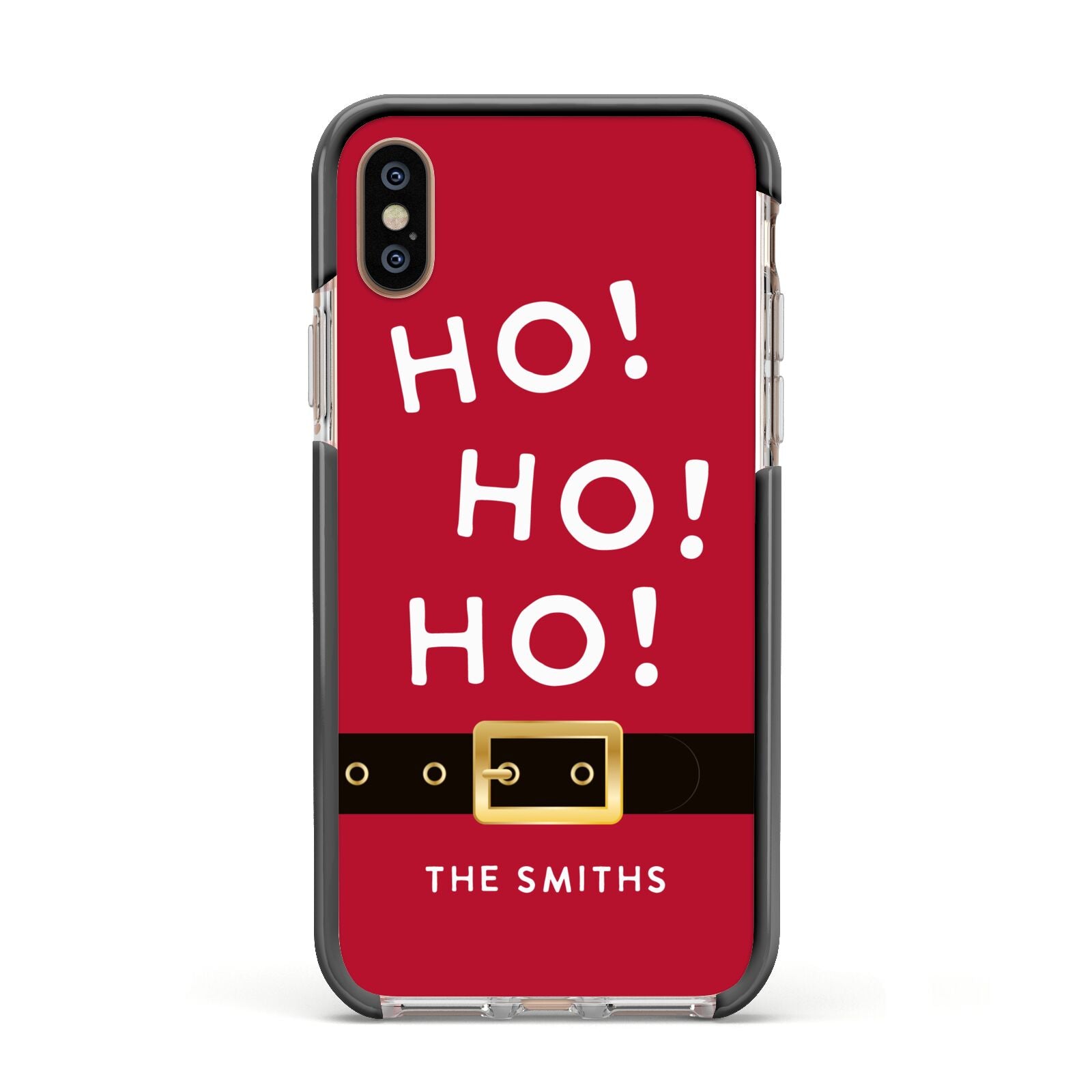 Santa Belt Personalised Apple iPhone Xs Impact Case Black Edge on Gold Phone