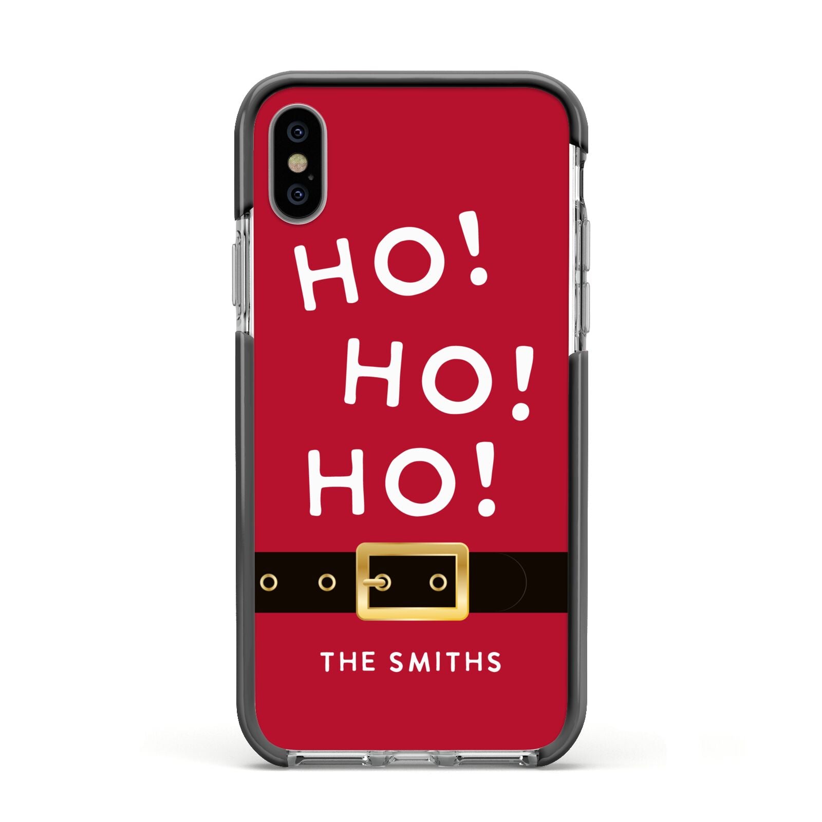 Santa Belt Personalised Apple iPhone Xs Impact Case Black Edge on Silver Phone