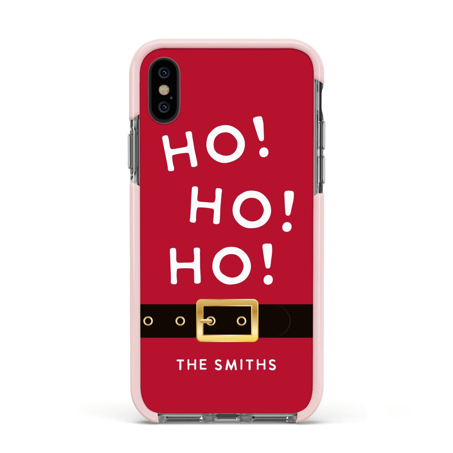 Santa Belt Personalised Apple iPhone Xs Impact Case Pink Edge on Black Phone