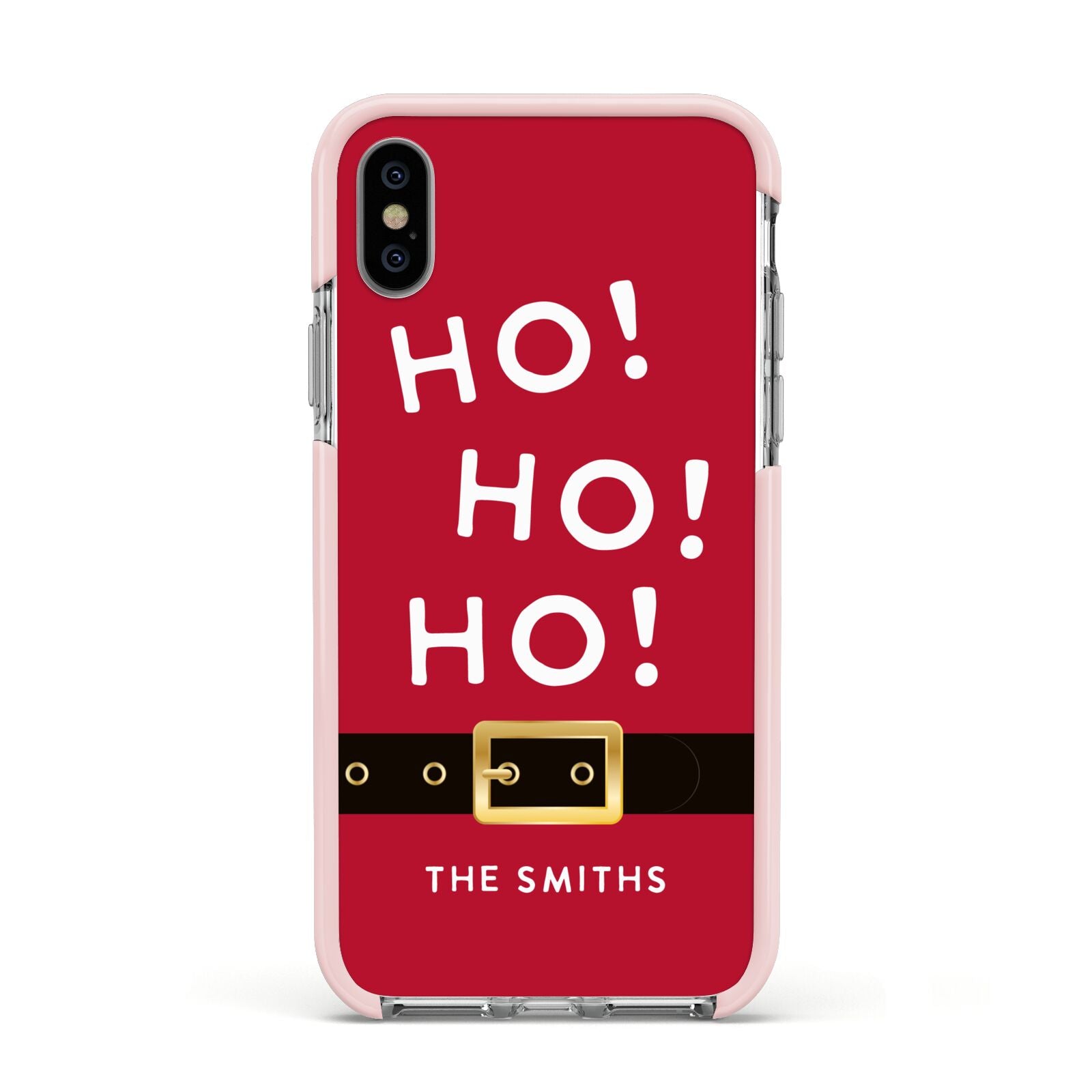 Santa Belt Personalised Apple iPhone Xs Impact Case Pink Edge on Silver Phone