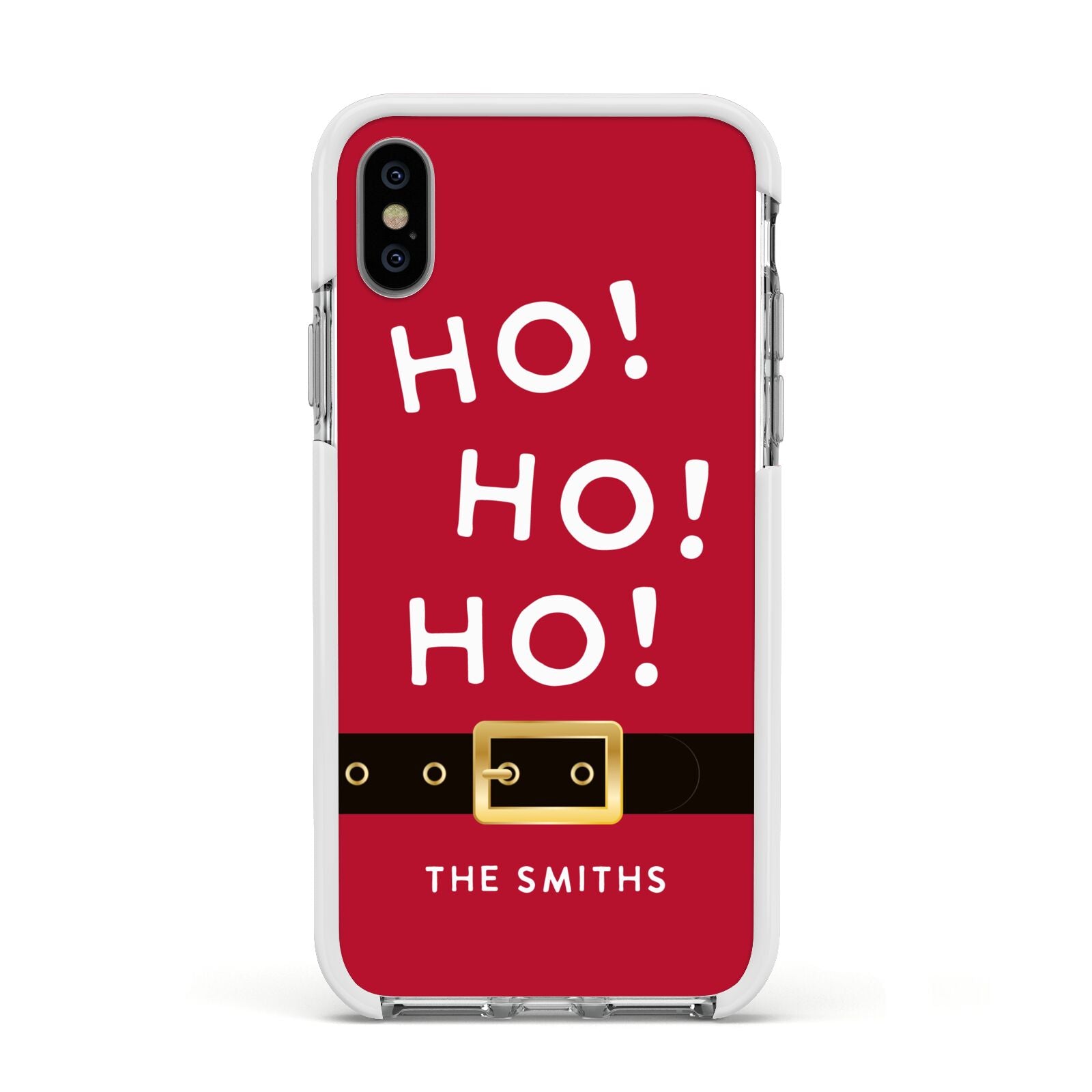 Santa Belt Personalised Apple iPhone Xs Impact Case White Edge on Silver Phone