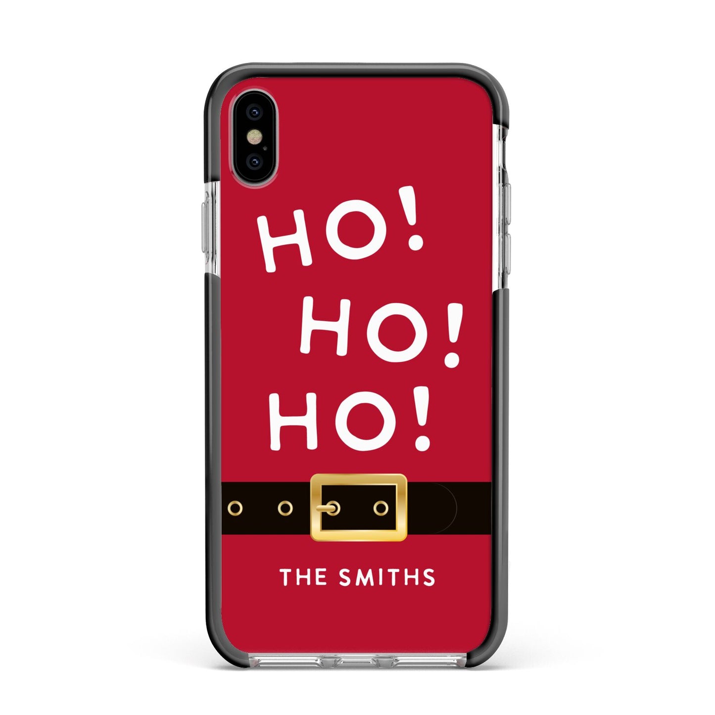 Santa Belt Personalised Apple iPhone Xs Max Impact Case Black Edge on Silver Phone