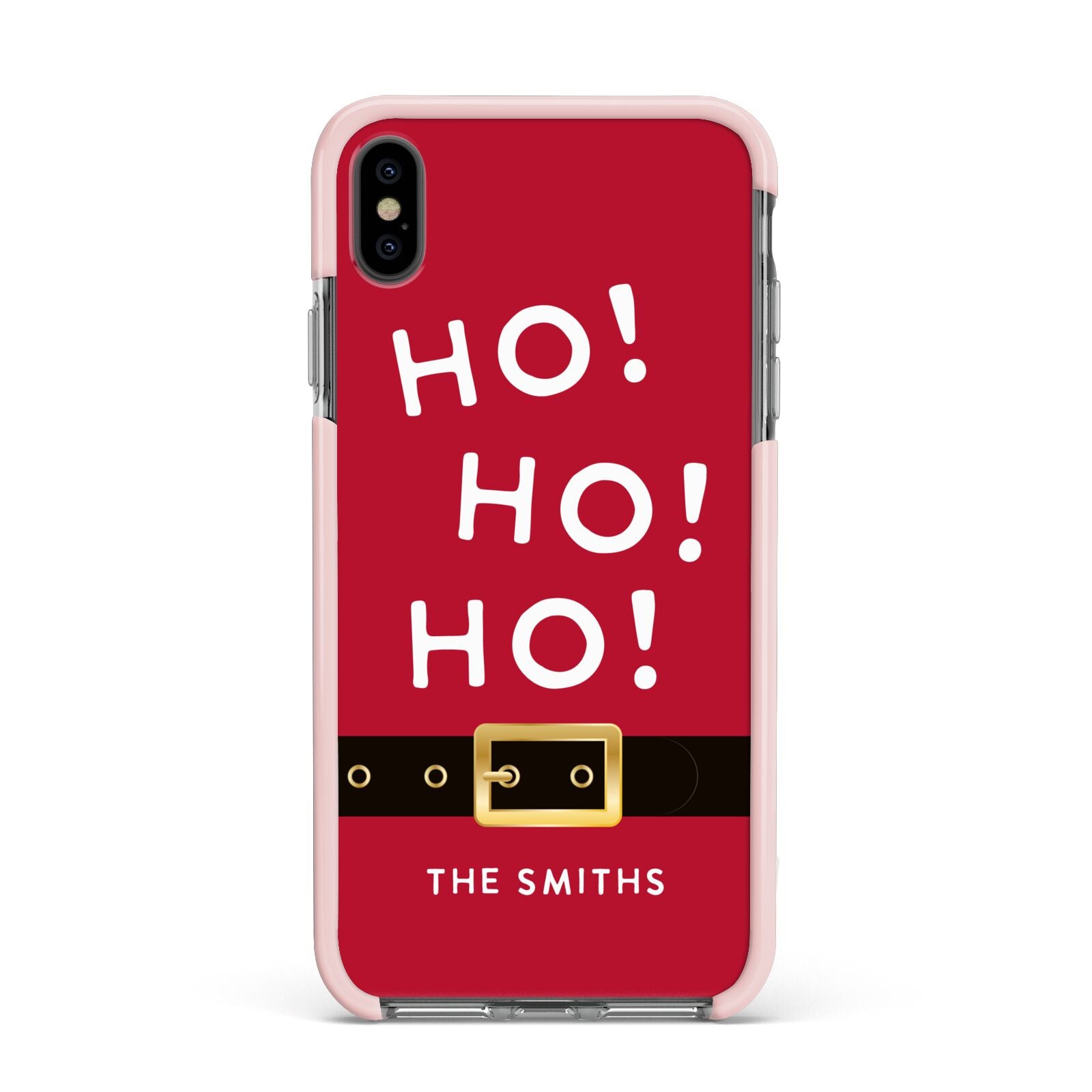 Santa Belt Personalised Apple iPhone Xs Max Impact Case Pink Edge on Black Phone