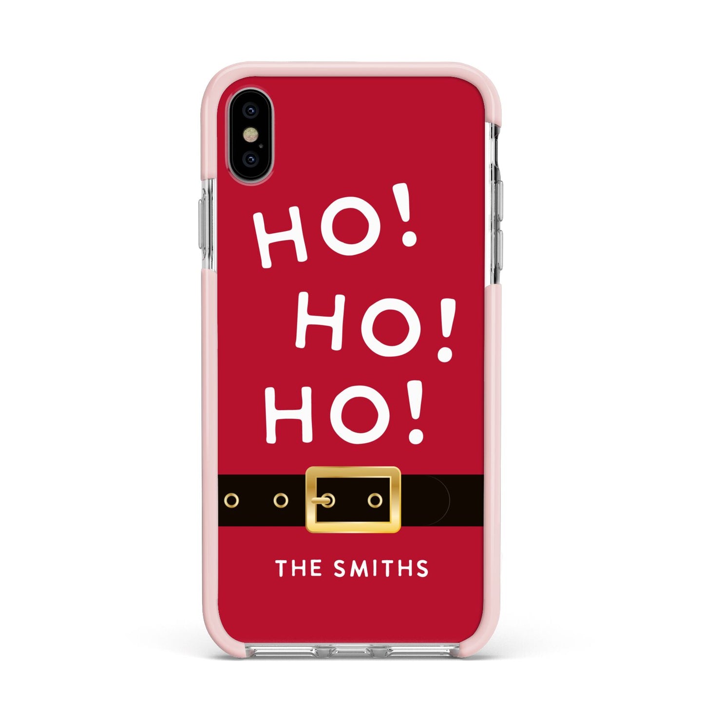 Santa Belt Personalised Apple iPhone Xs Max Impact Case Pink Edge on Silver Phone