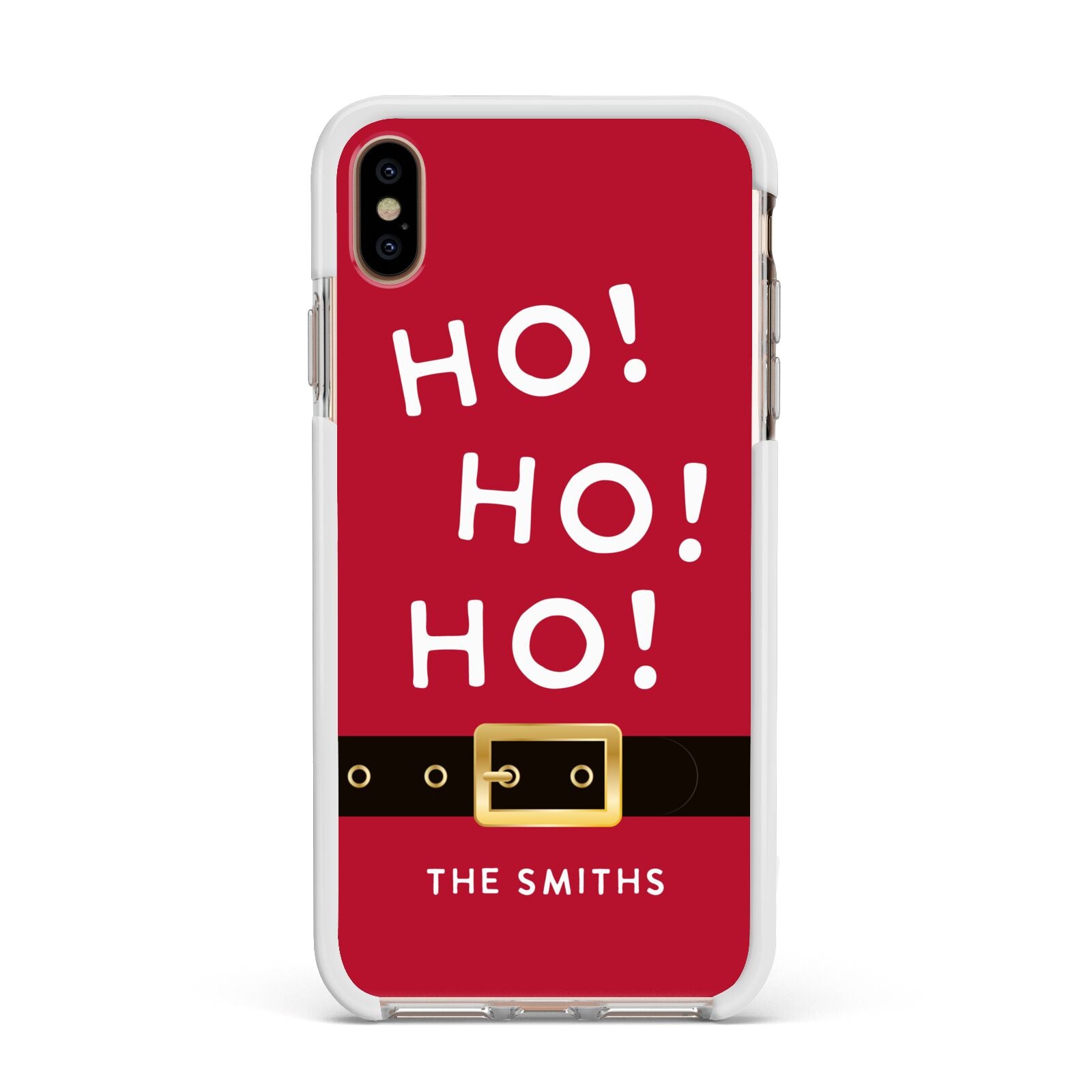 Santa Belt Personalised Apple iPhone Xs Max Impact Case White Edge on Gold Phone