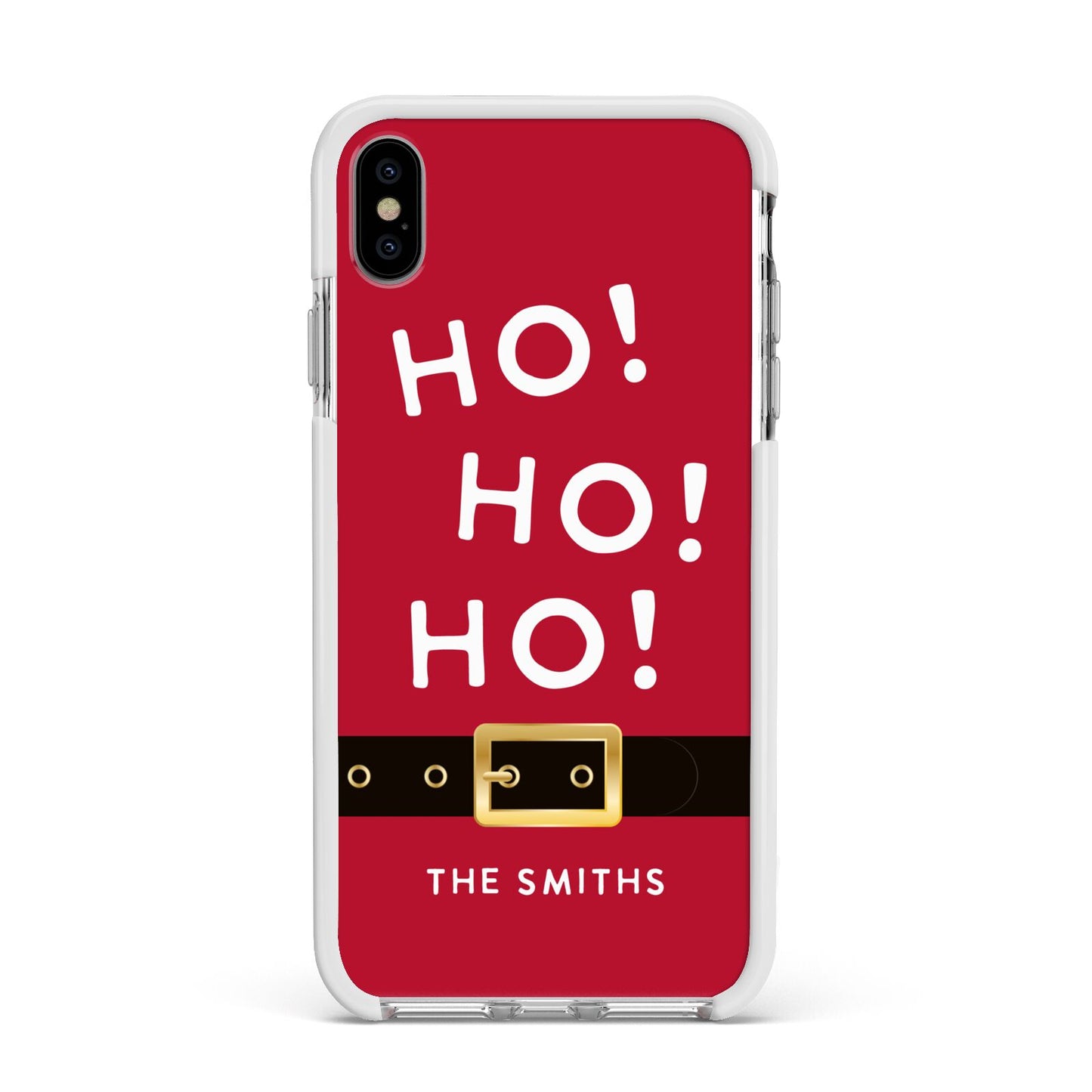 Santa Belt Personalised Apple iPhone Xs Max Impact Case White Edge on Silver Phone