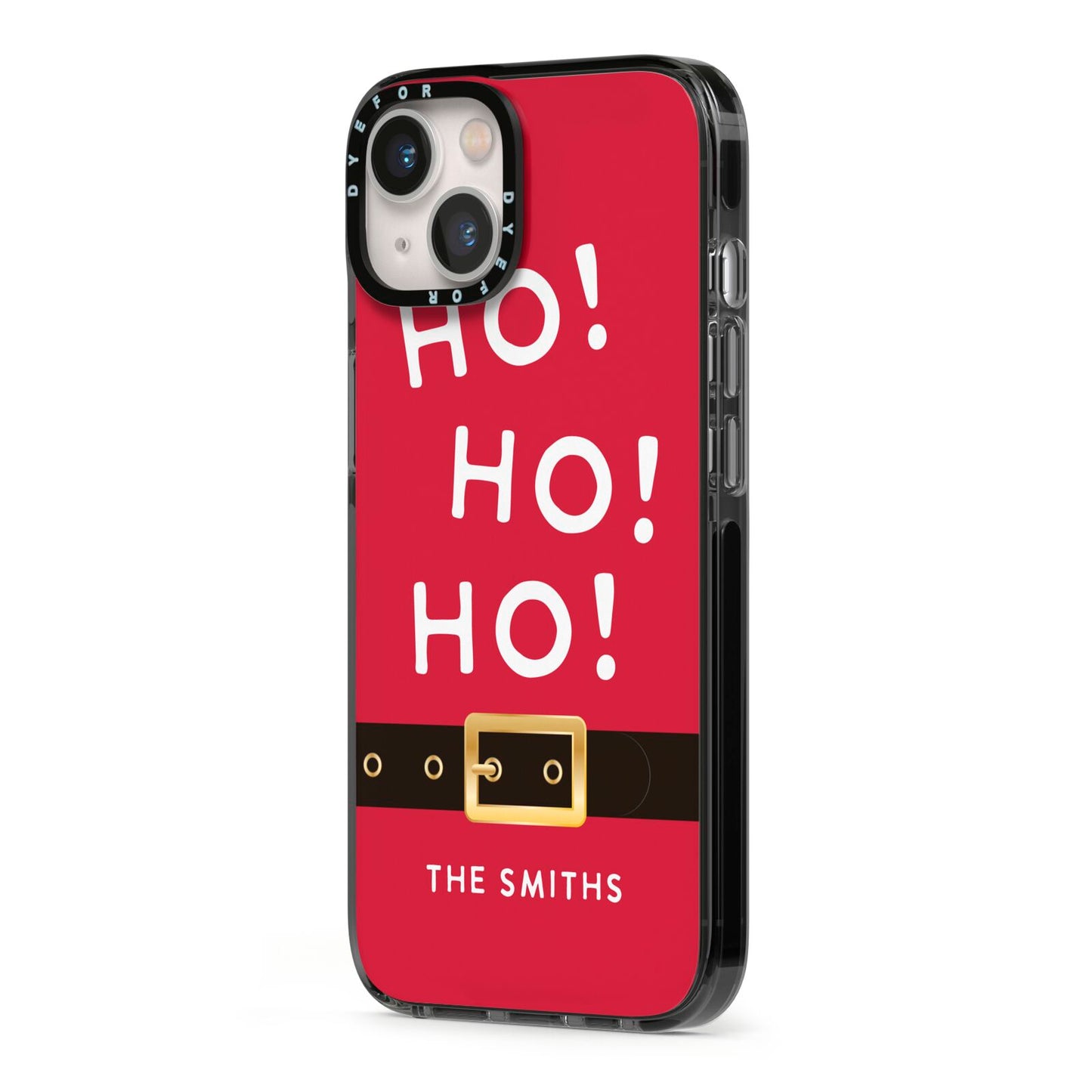 Santa Belt Personalised iPhone 13 Black Impact Case Side Angle on Silver phone