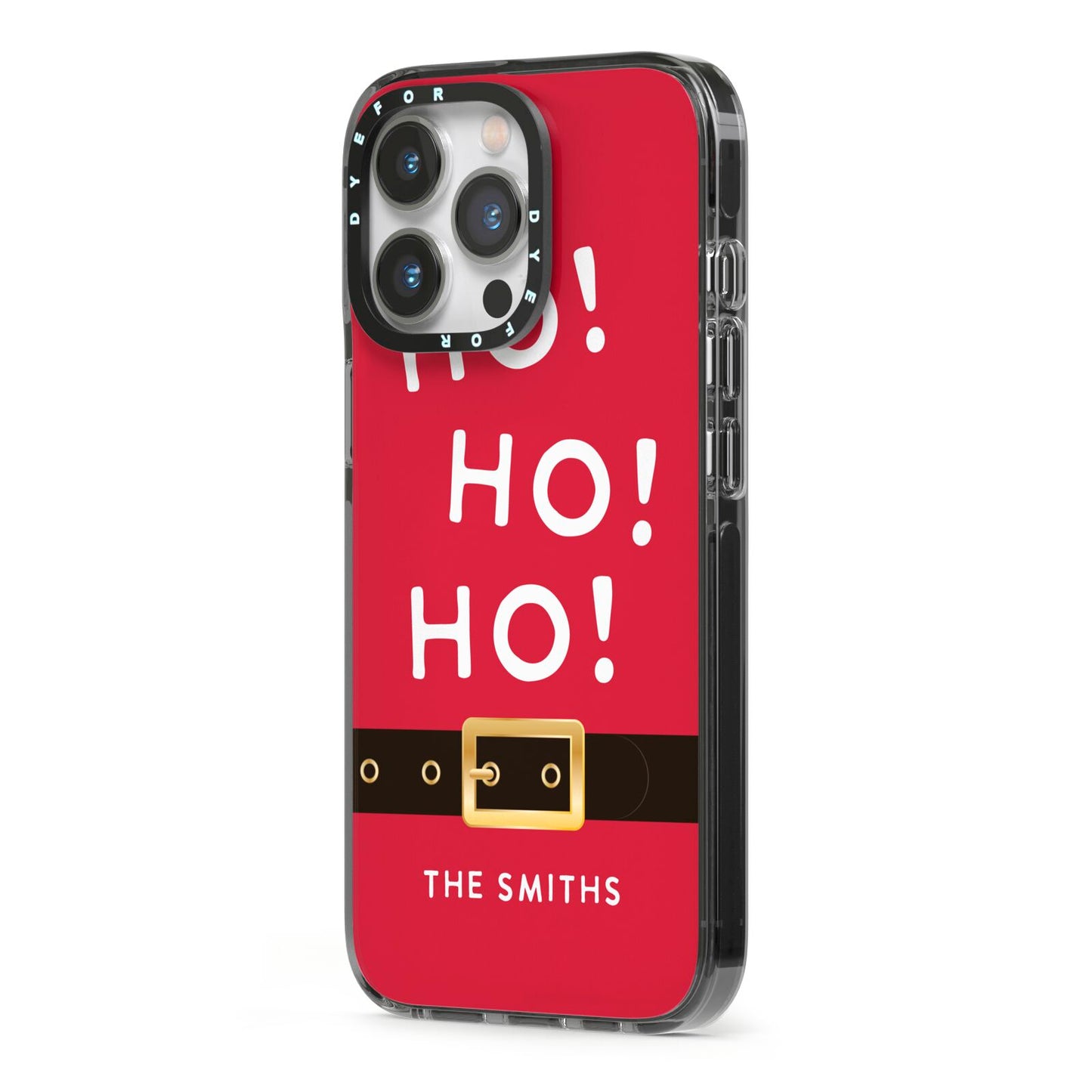 Santa Belt Personalised iPhone 13 Pro Black Impact Case Side Angle on Silver phone