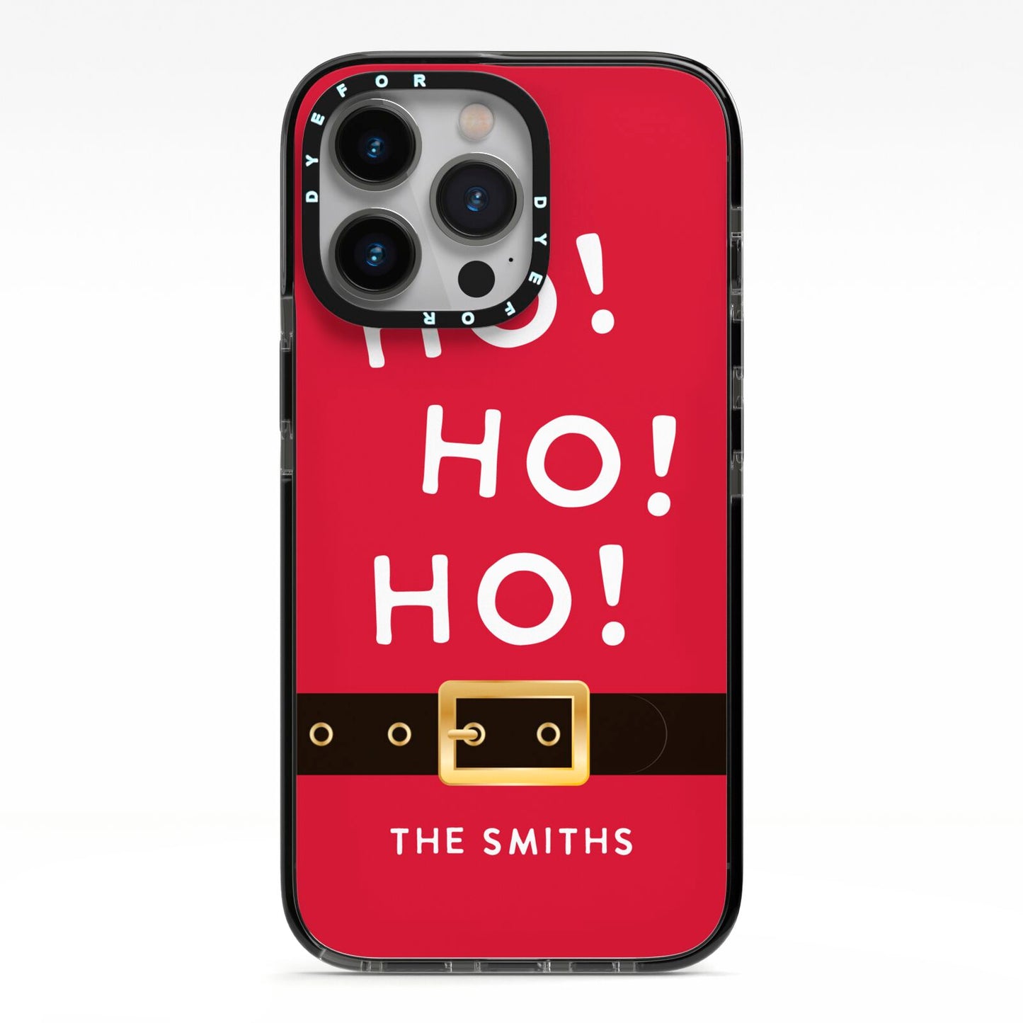 Santa Belt Personalised iPhone 13 Pro Black Impact Case on Silver phone