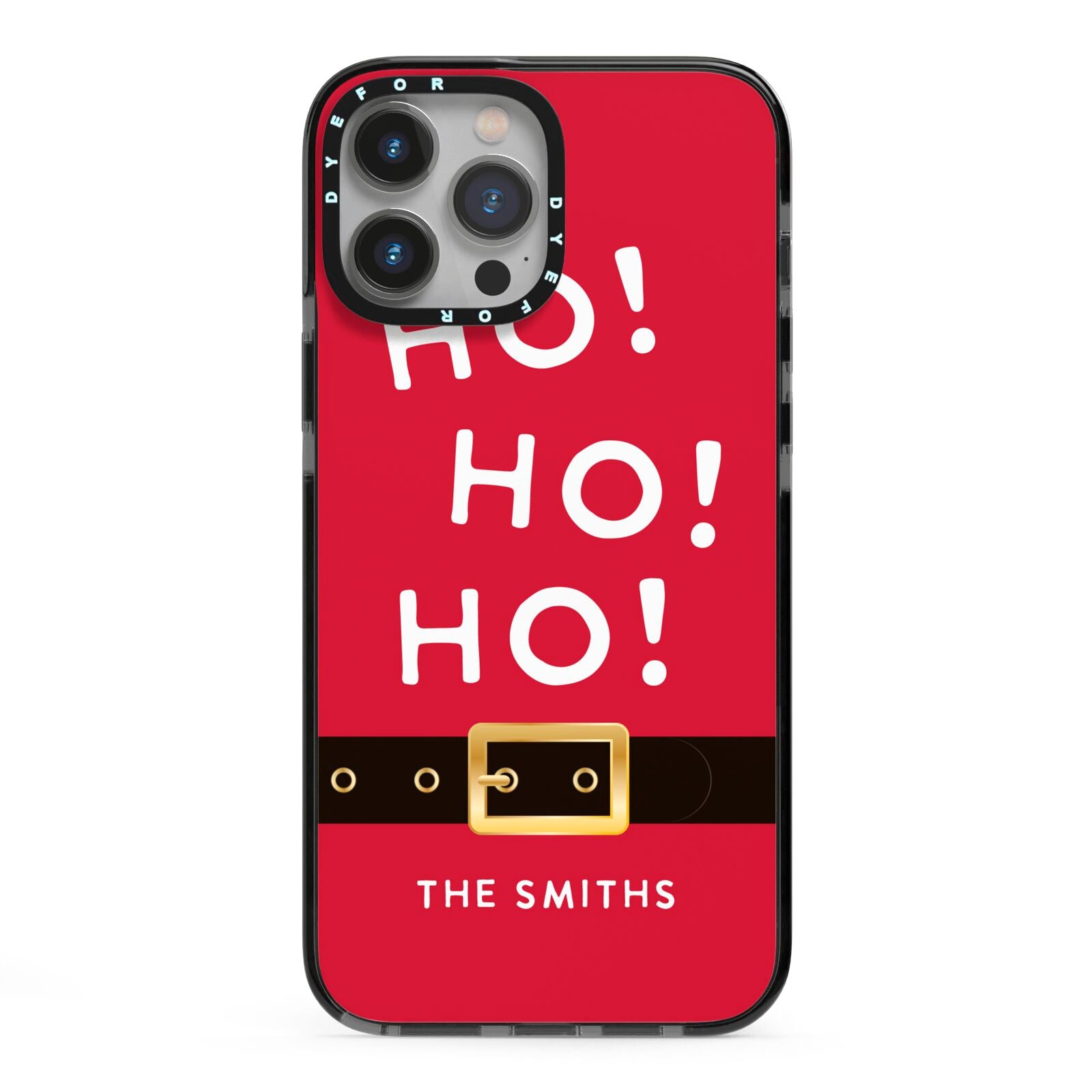 Santa Belt Personalised iPhone 13 Pro Max Black Impact Case on Silver phone