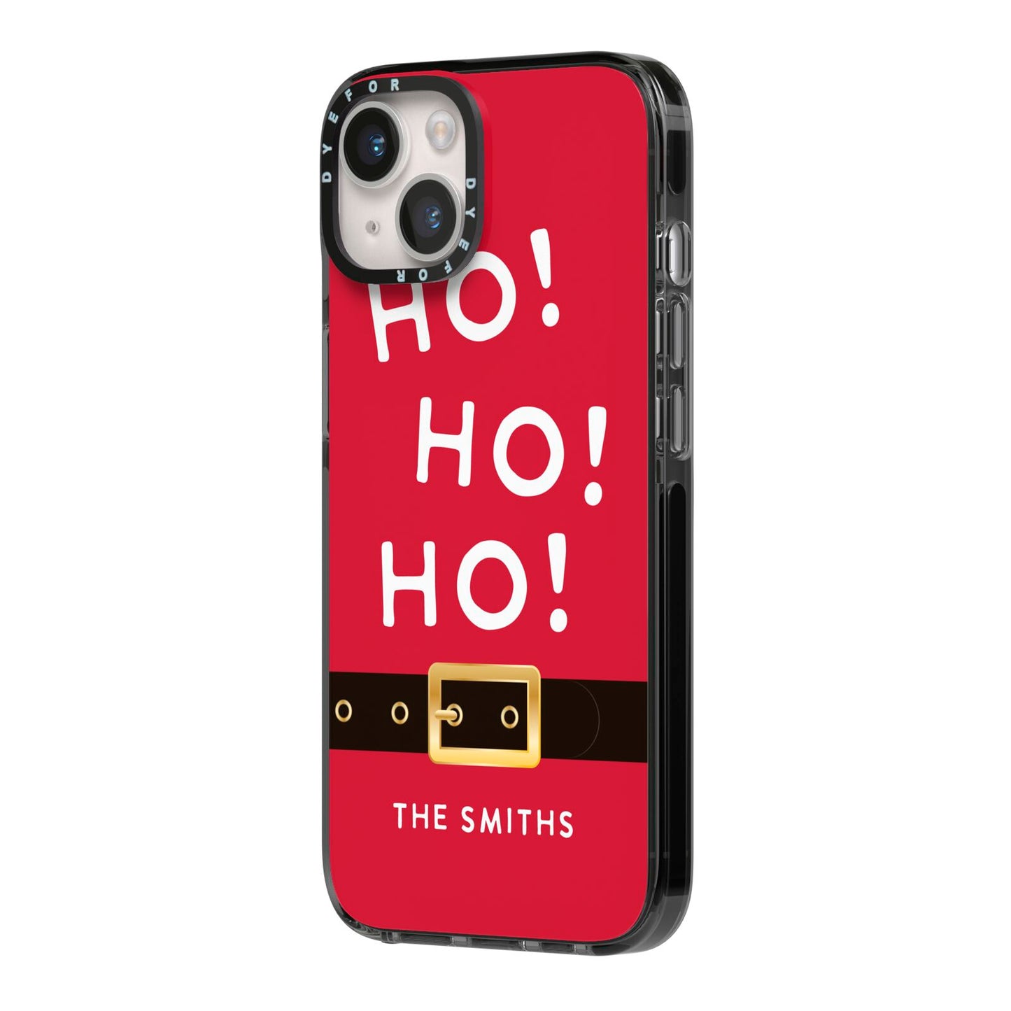 Santa Belt Personalised iPhone 14 Black Impact Case Side Angle on Silver phone