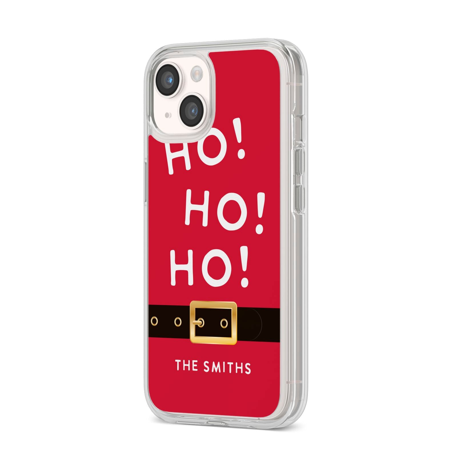 Santa Belt Personalised iPhone 14 Clear Tough Case Starlight Angled Image