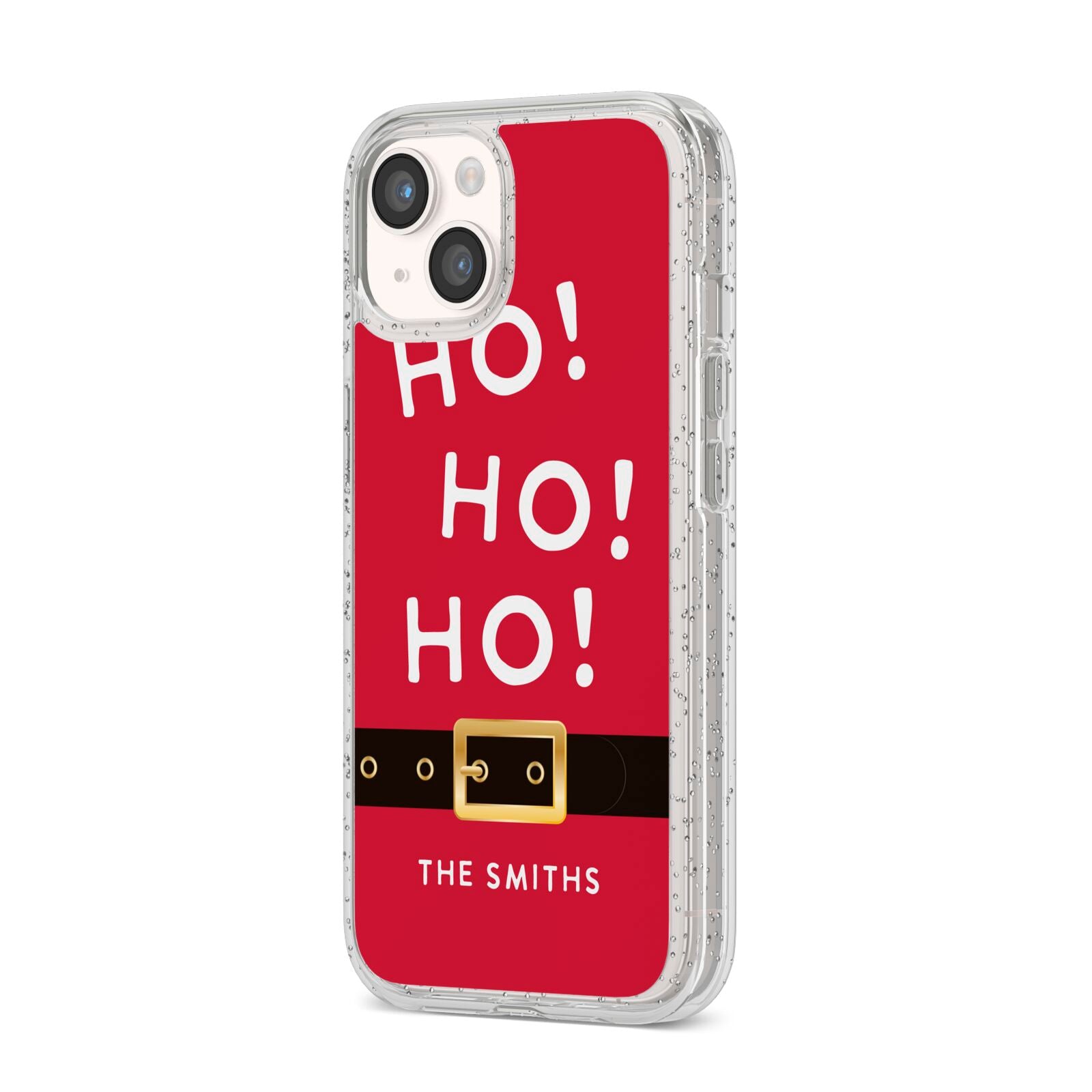 Santa Belt Personalised iPhone 14 Glitter Tough Case Starlight Angled Image