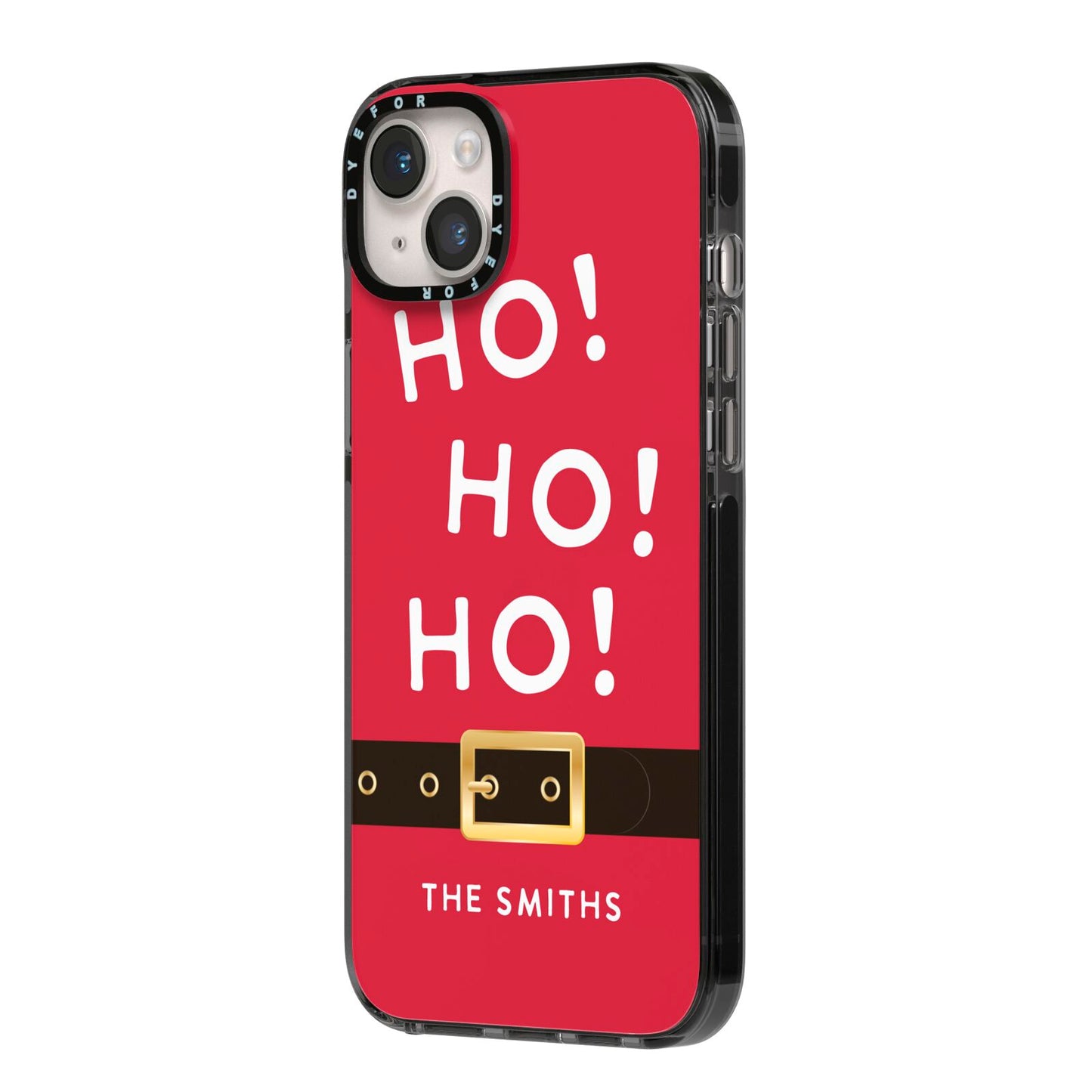 Santa Belt Personalised iPhone 14 Plus Black Impact Case Side Angle on Silver phone