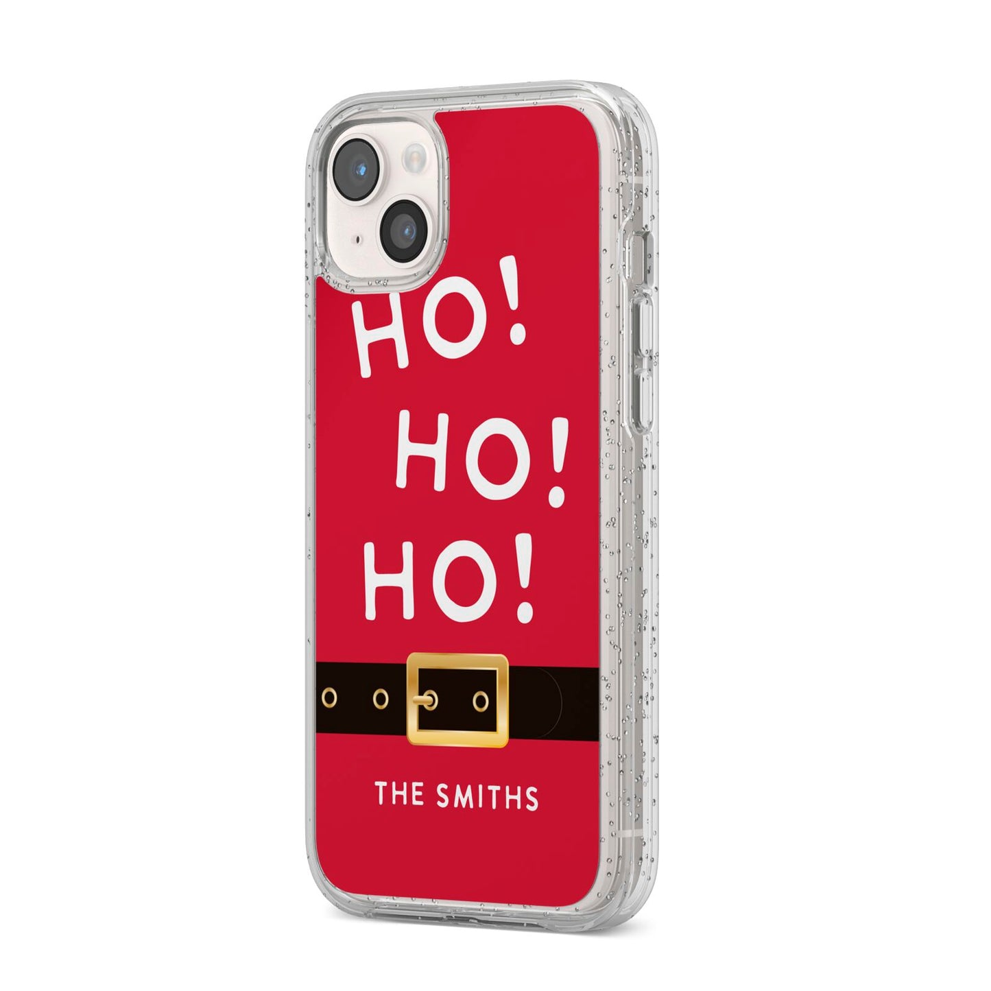 Santa Belt Personalised iPhone 14 Plus Glitter Tough Case Starlight Angled Image