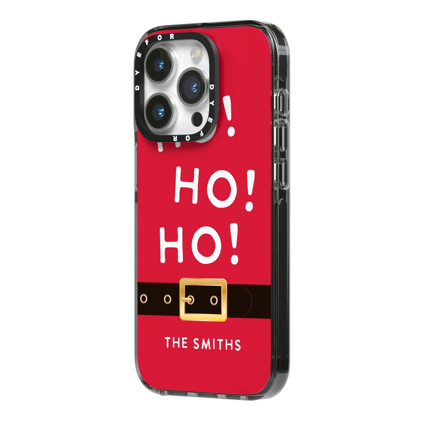 Santa Belt Personalised iPhone 14 Pro Black Impact Case Side Angle on Silver phone