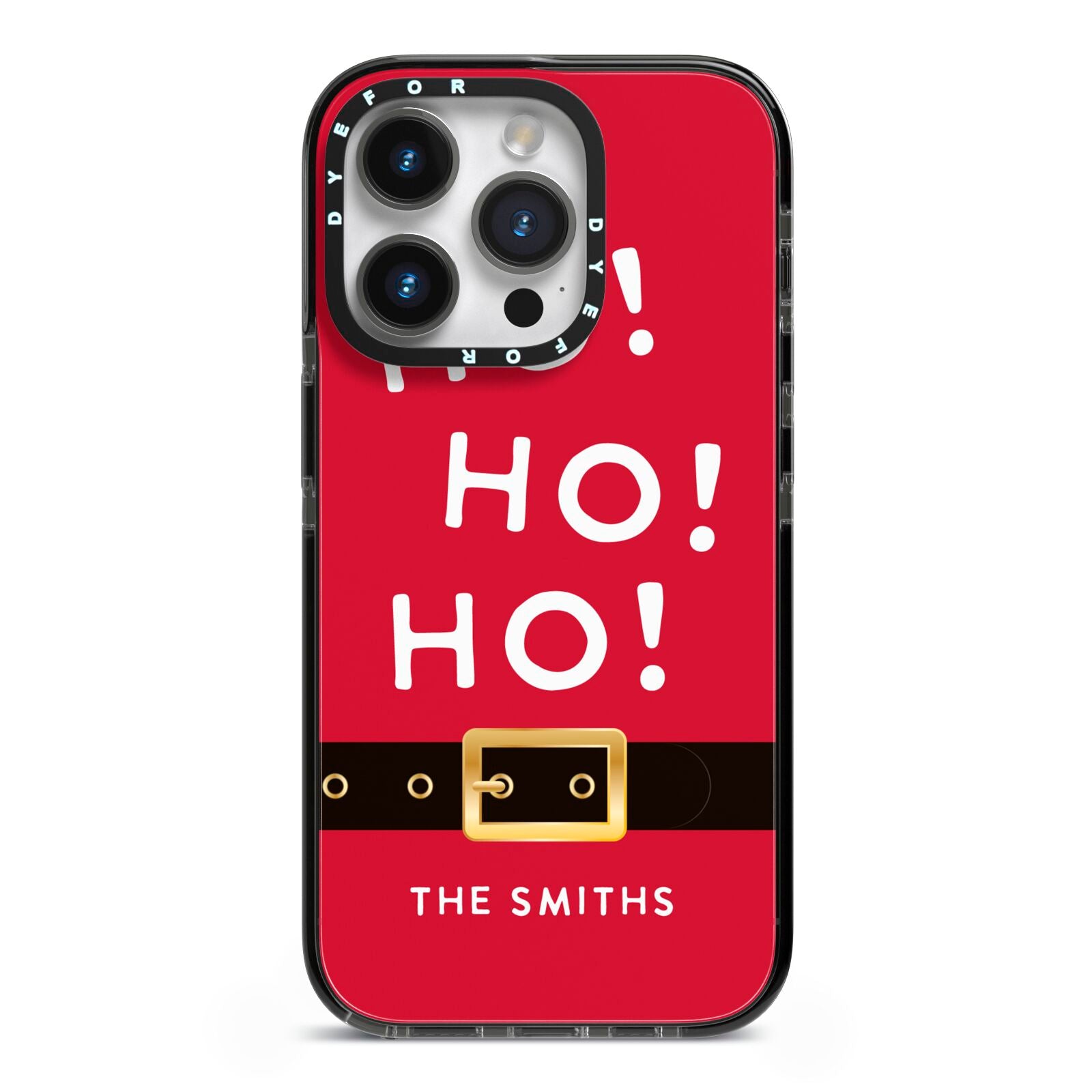 Santa Belt Personalised iPhone 14 Pro Black Impact Case on Silver phone