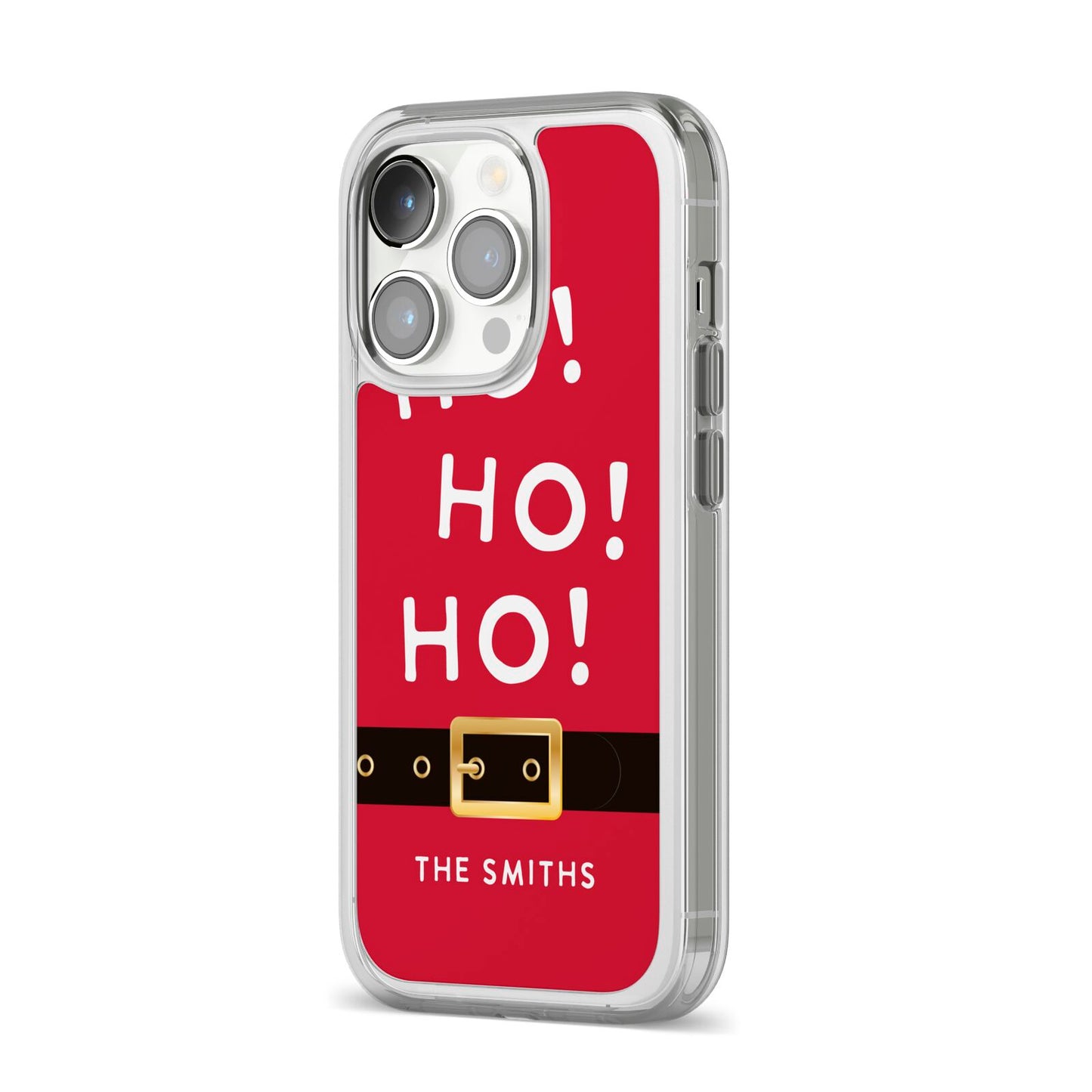 Santa Belt Personalised iPhone 14 Pro Clear Tough Case Silver Angled Image