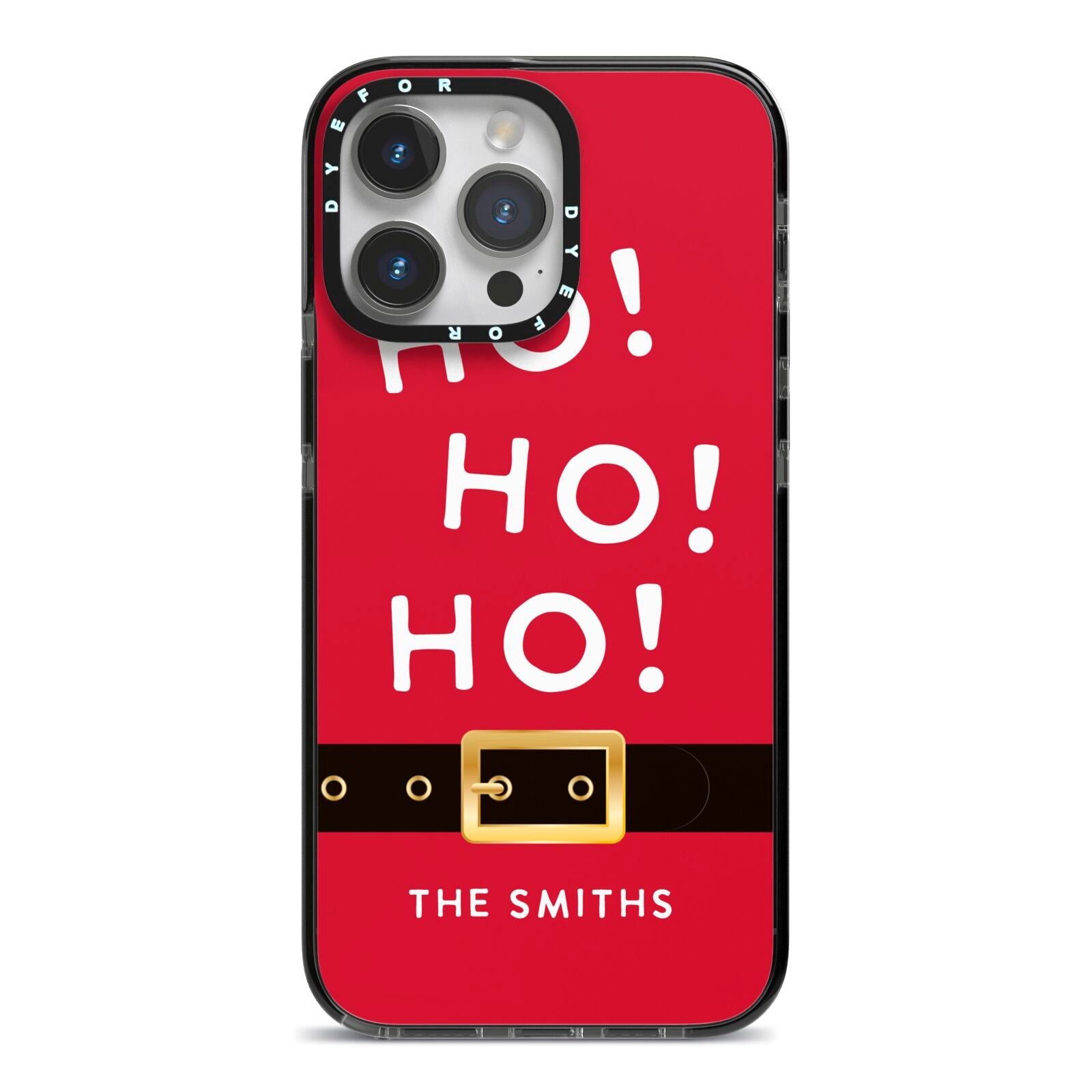 Santa Belt Personalised iPhone 14 Pro Max Black Impact Case on Silver phone