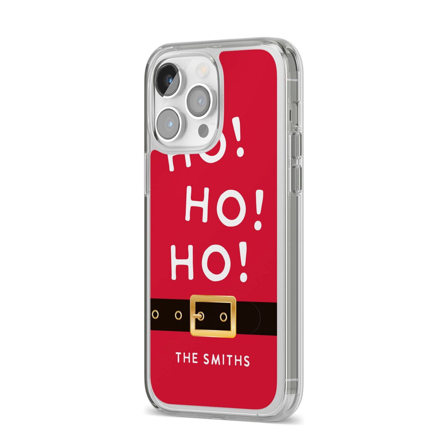 Santa Belt Personalised iPhone 14 Pro Max Clear Tough Case Silver Angled Image