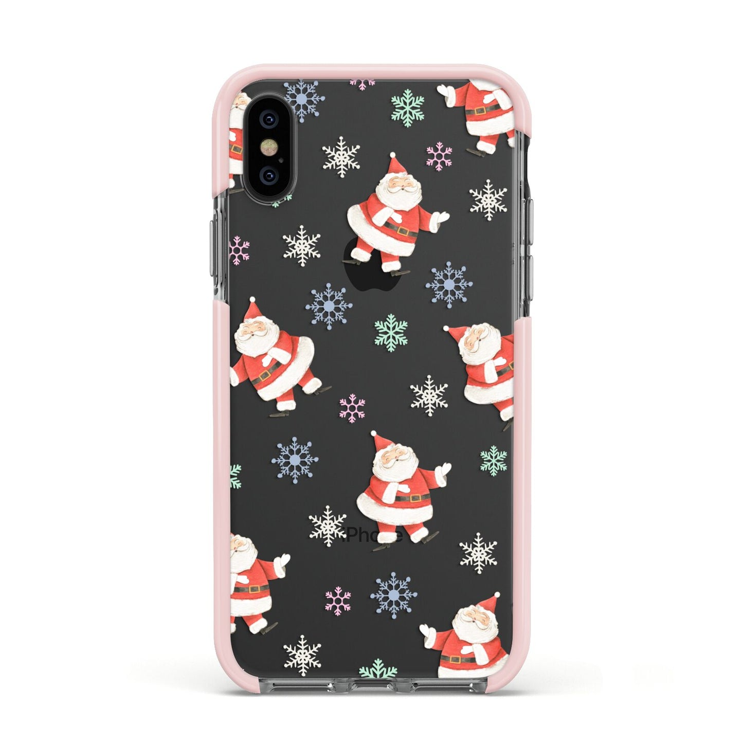 Santa Snowflake Apple iPhone Xs Impact Case Pink Edge on Black Phone