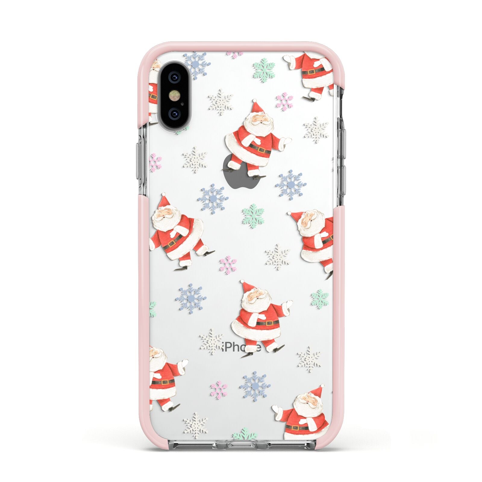 Santa Snowflake Apple iPhone Xs Impact Case Pink Edge on Silver Phone