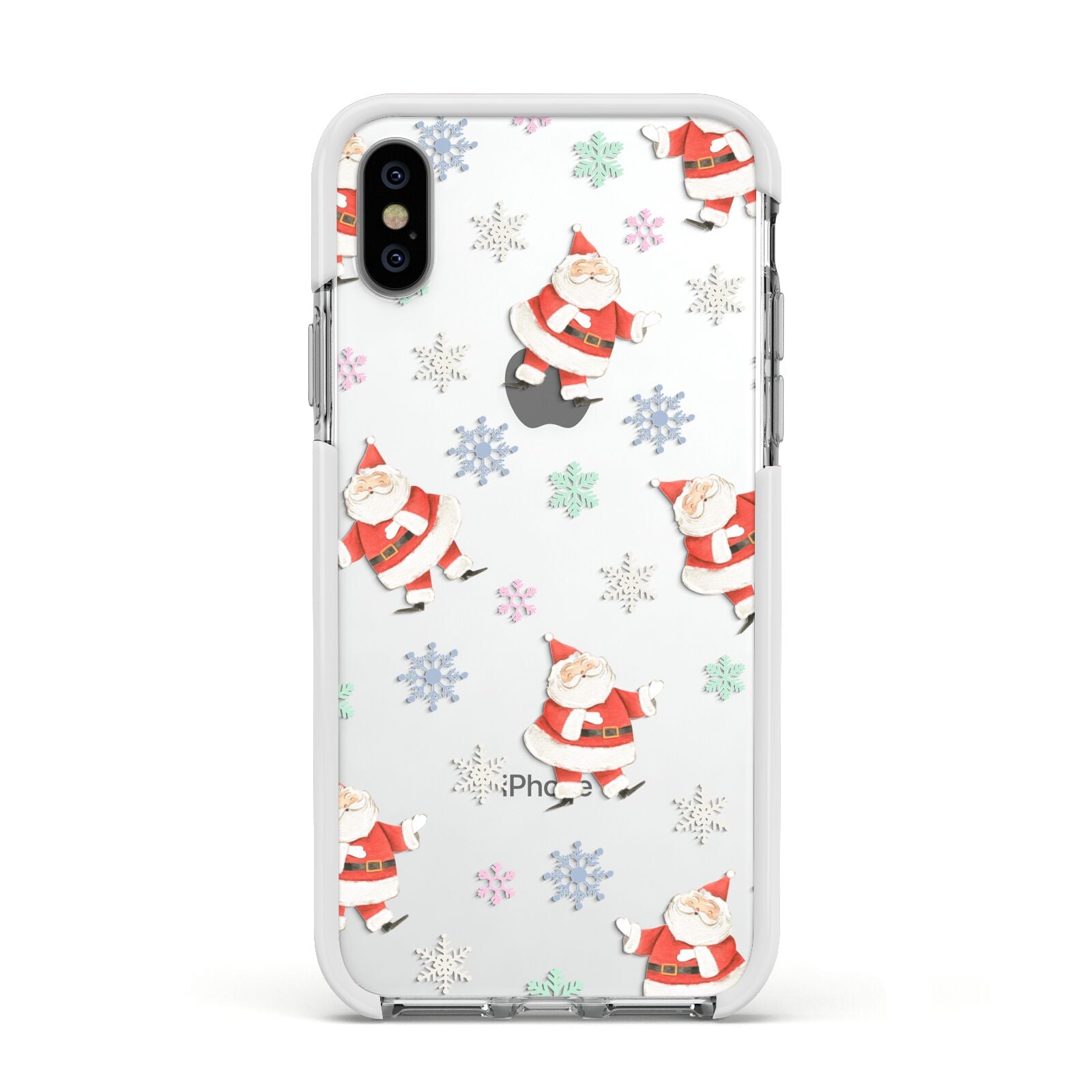 Santa Snowflake Apple iPhone Xs Impact Case White Edge on Silver Phone