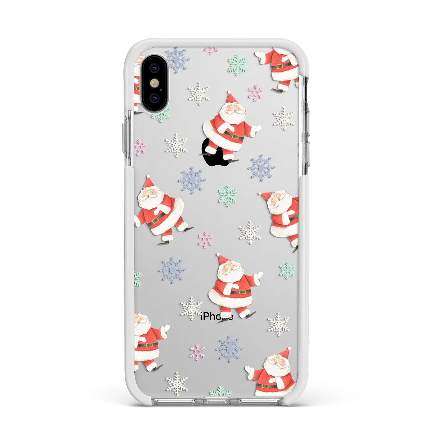 Santa Snowflake Apple iPhone Xs Max Impact Case White Edge on Silver Phone