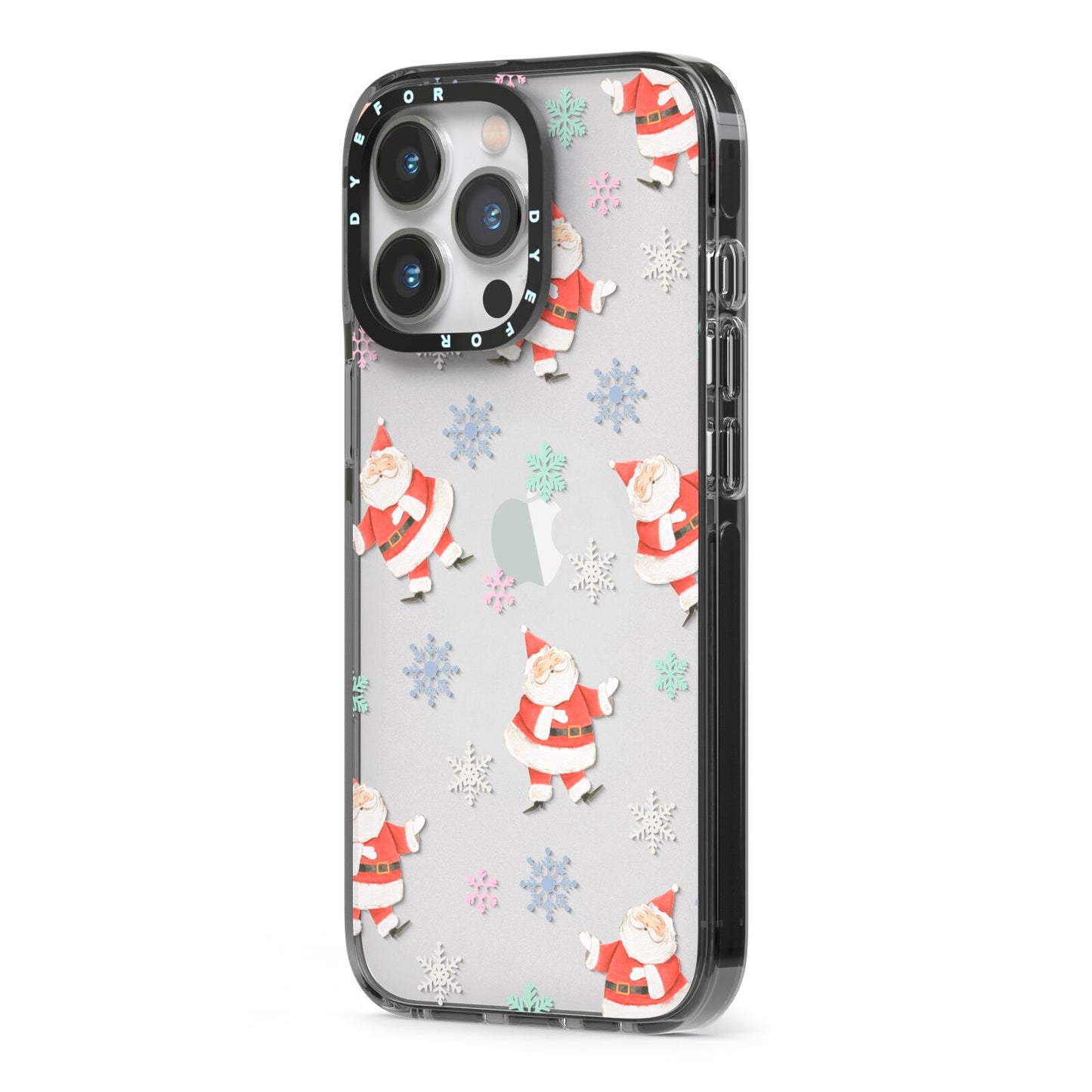 Santa Snowflake iPhone 13 Pro Black Impact Case Side Angle on Silver phone