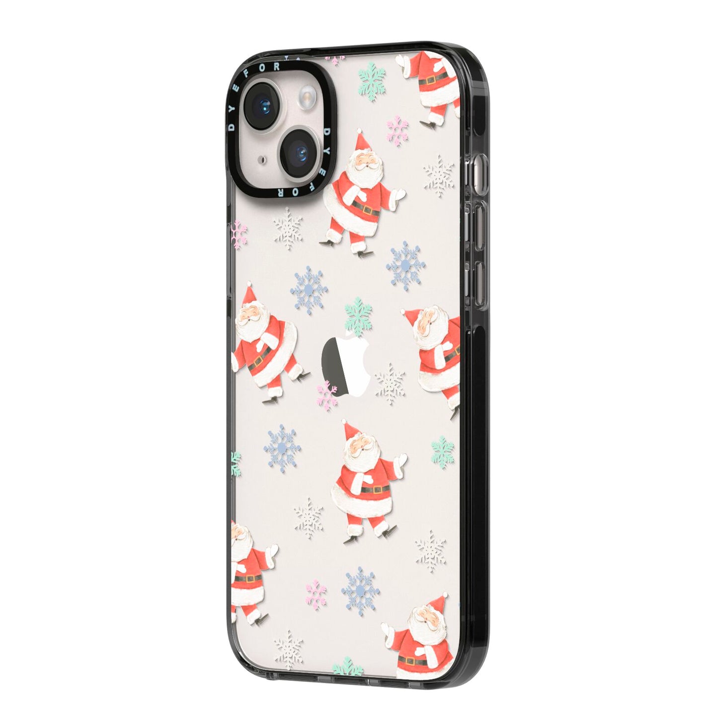 Santa Snowflake iPhone 14 Plus Black Impact Case Side Angle on Silver phone