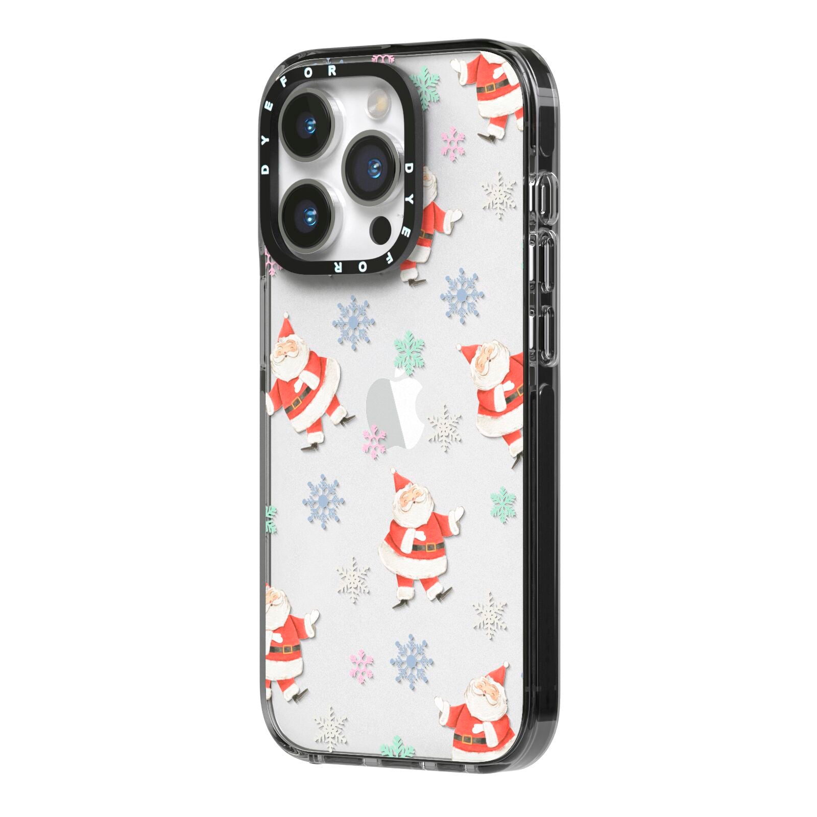 Santa Snowflake iPhone 14 Pro Black Impact Case Side Angle on Silver phone