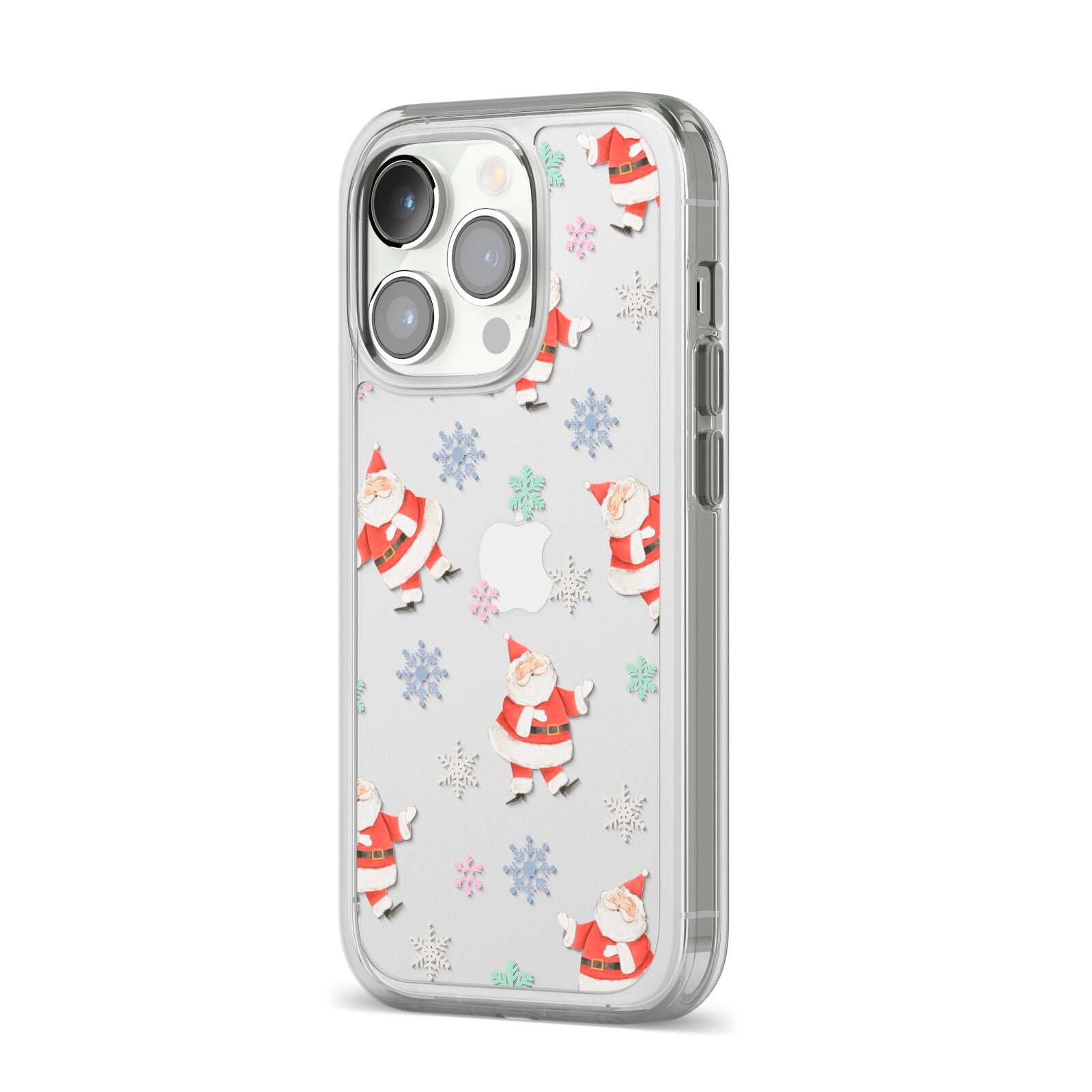 Santa Snowflake iPhone 14 Pro Clear Tough Case Silver Angled Image