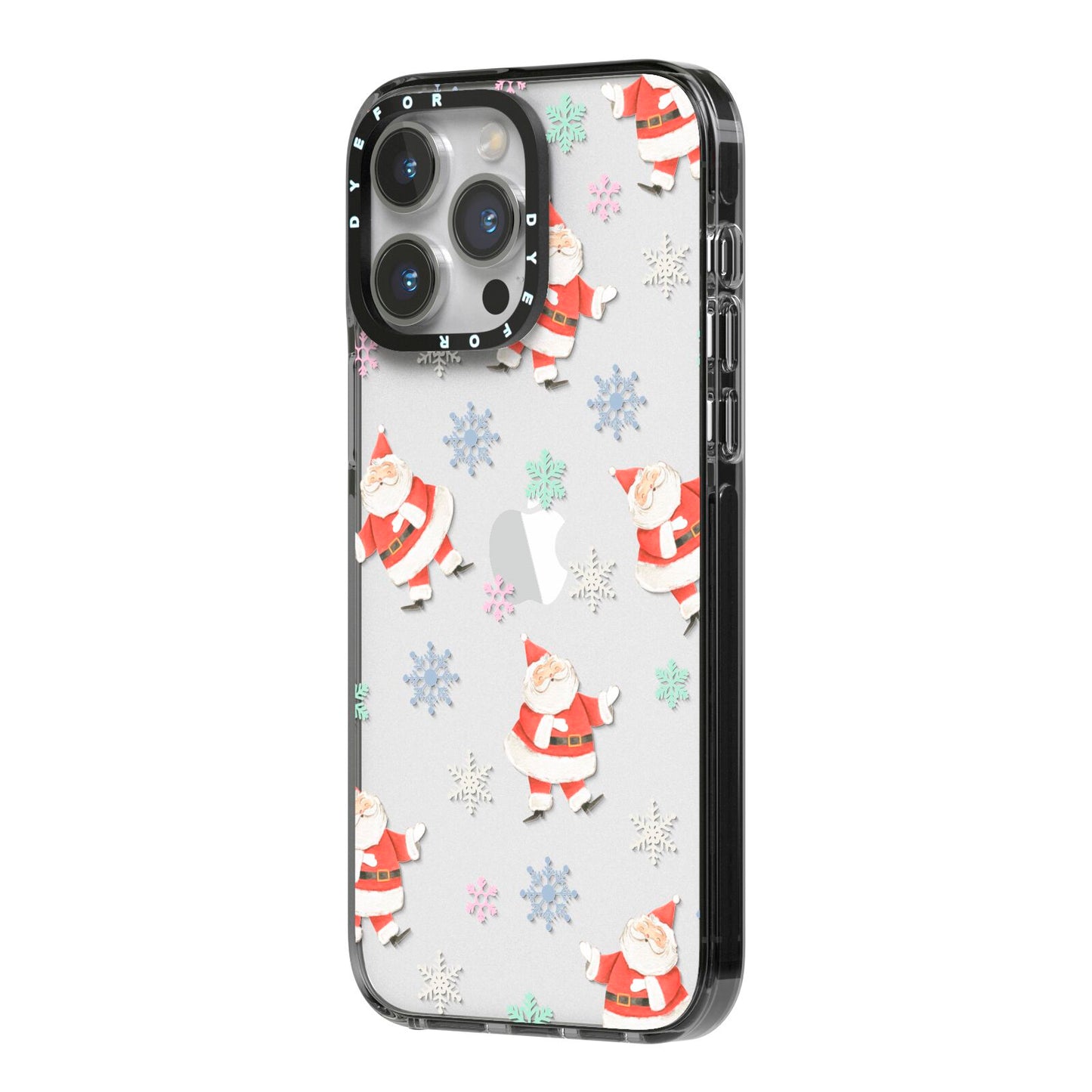 Santa Snowflake iPhone 14 Pro Max Black Impact Case Side Angle on Silver phone