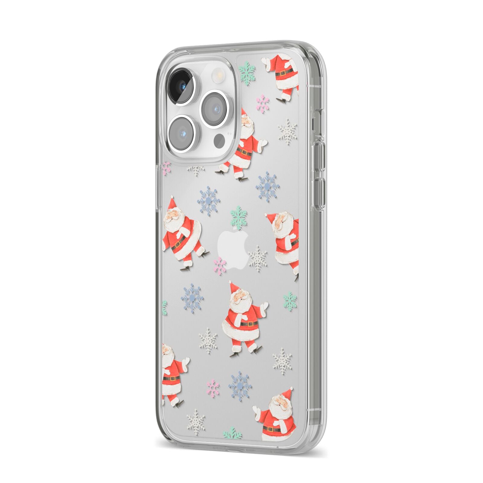 Santa Snowflake iPhone 14 Pro Max Clear Tough Case Silver Angled Image