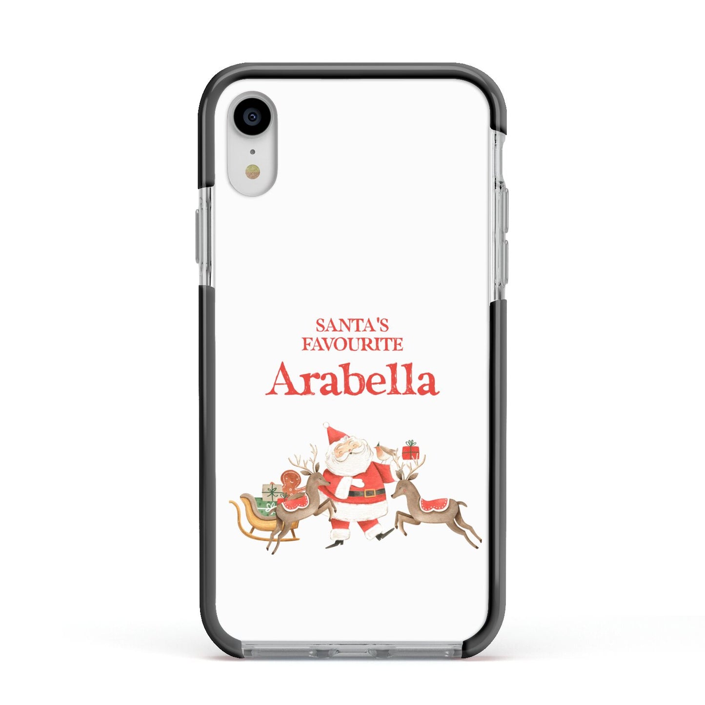 Santas Favourite Personalised Name Apple iPhone XR Impact Case Black Edge on Silver Phone