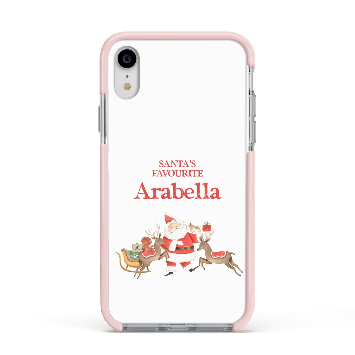 Santas Favourite Personalised Name Apple iPhone XR Impact Case Pink Edge on Silver Phone