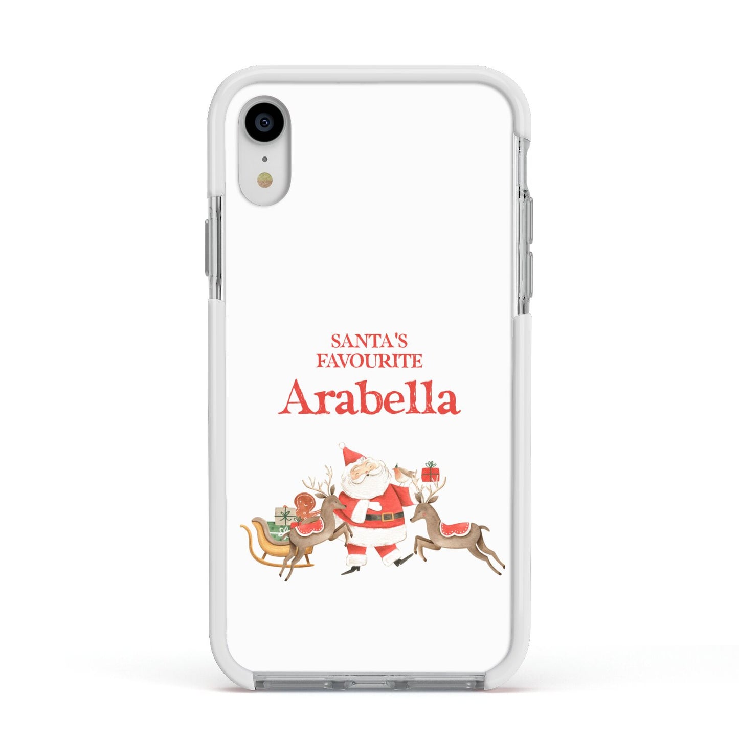 Santas Favourite Personalised Name Apple iPhone XR Impact Case White Edge on Silver Phone