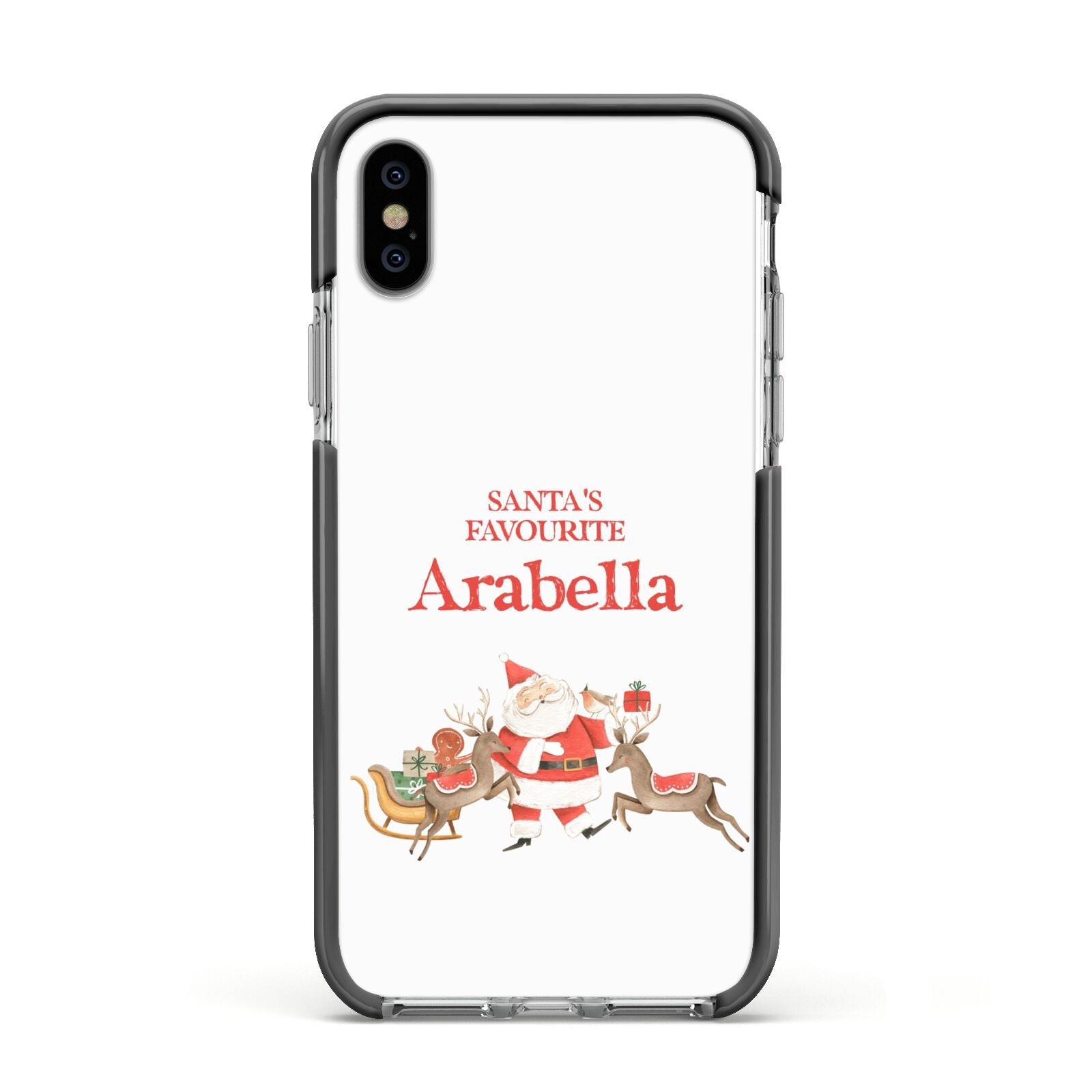 Santas Favourite Personalised Name Apple iPhone Xs Impact Case Black Edge on Silver Phone