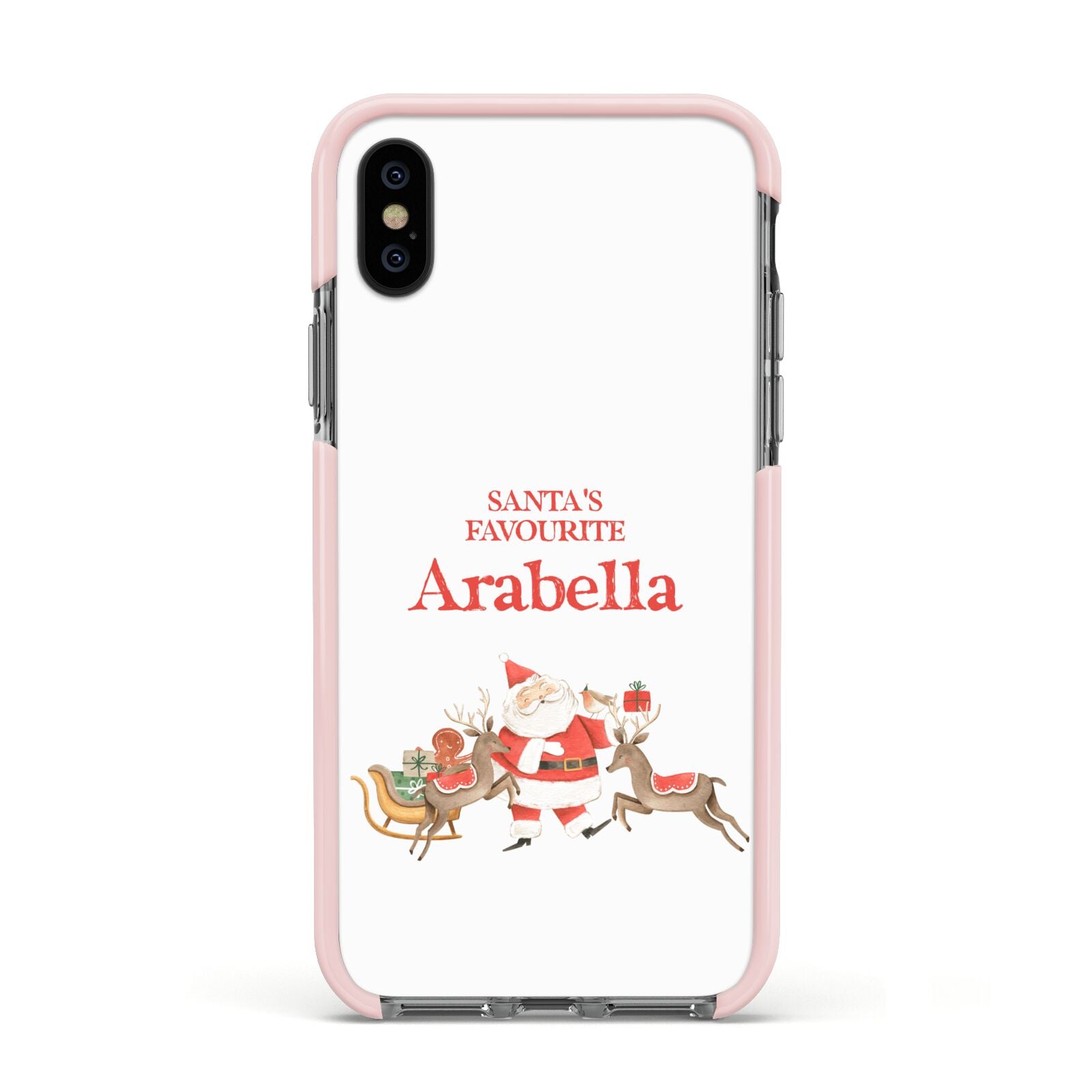 Santas Favourite Personalised Name Apple iPhone Xs Impact Case Pink Edge on Black Phone