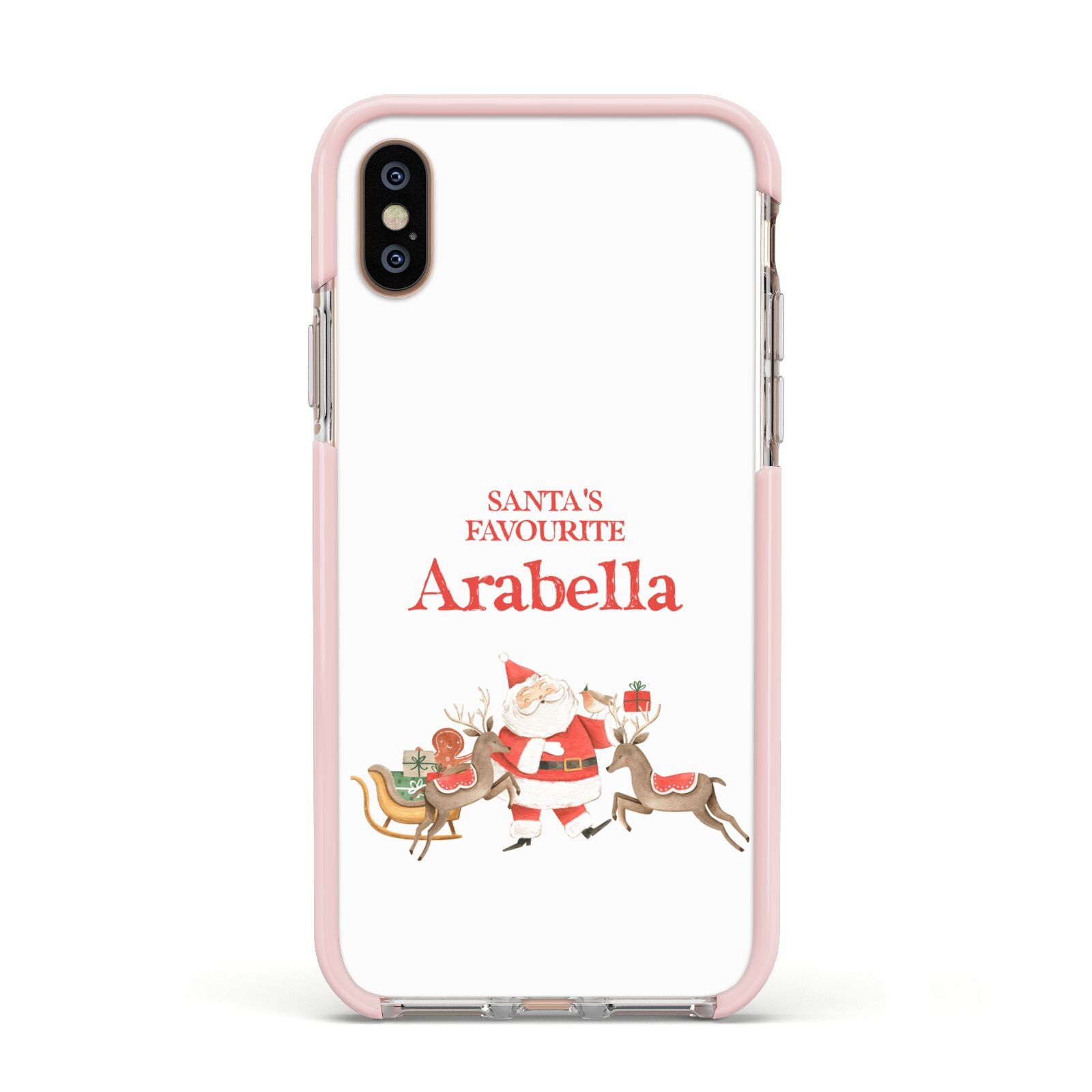 Santas Favourite Personalised Name Apple iPhone Xs Impact Case Pink Edge on Gold Phone