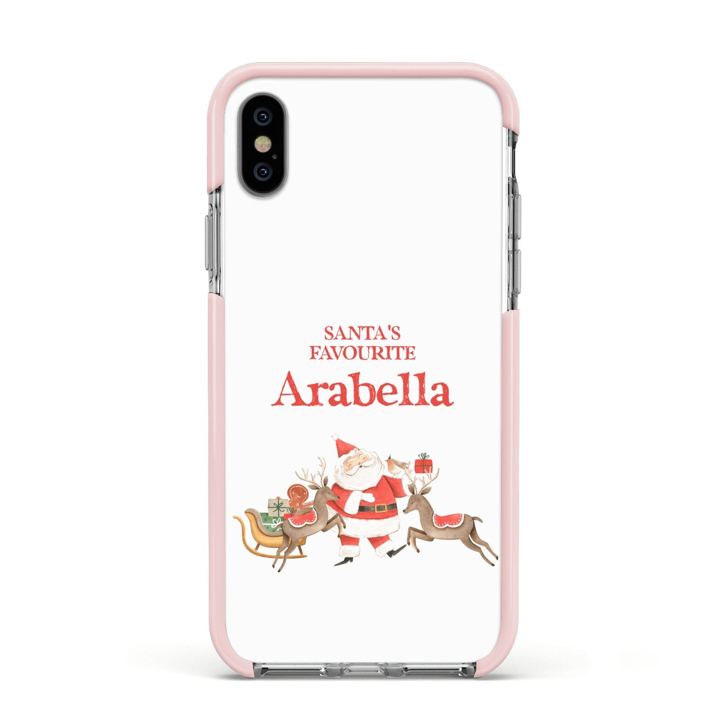 Santas Favourite Personalised Name Apple iPhone Xs Impact Case Pink Edge on Silver Phone