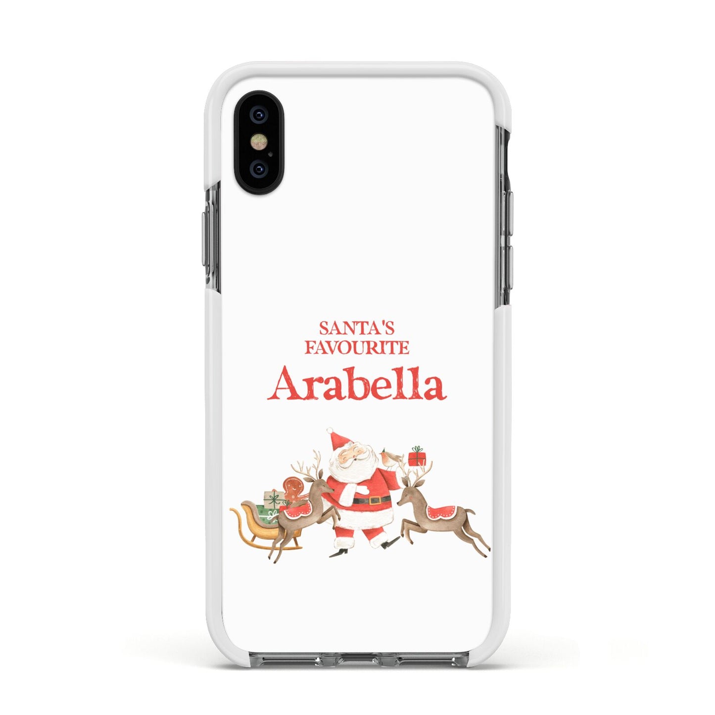 Santas Favourite Personalised Name Apple iPhone Xs Impact Case White Edge on Black Phone