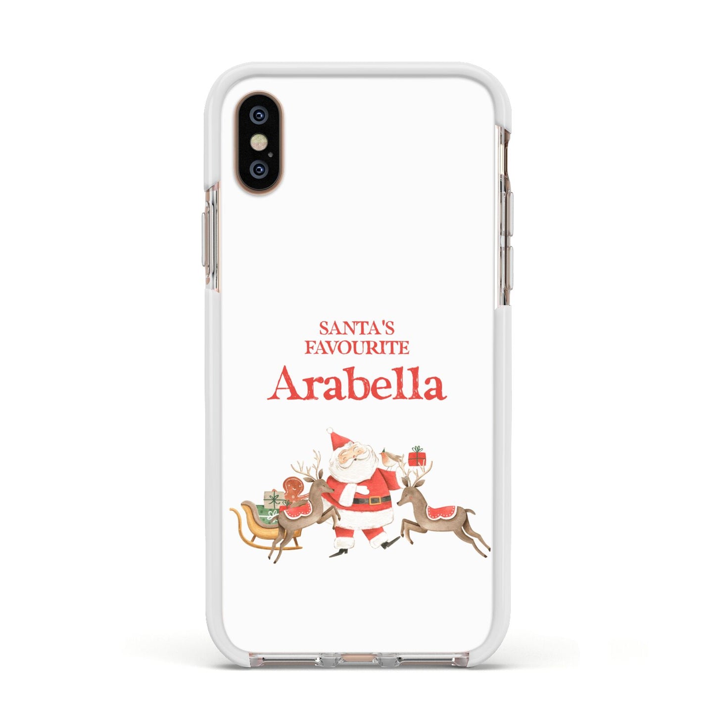 Santas Favourite Personalised Name Apple iPhone Xs Impact Case White Edge on Gold Phone