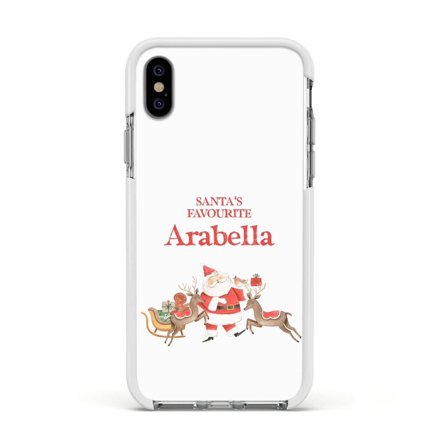 Santas Favourite Personalised Name Apple iPhone Xs Impact Case White Edge on Silver Phone