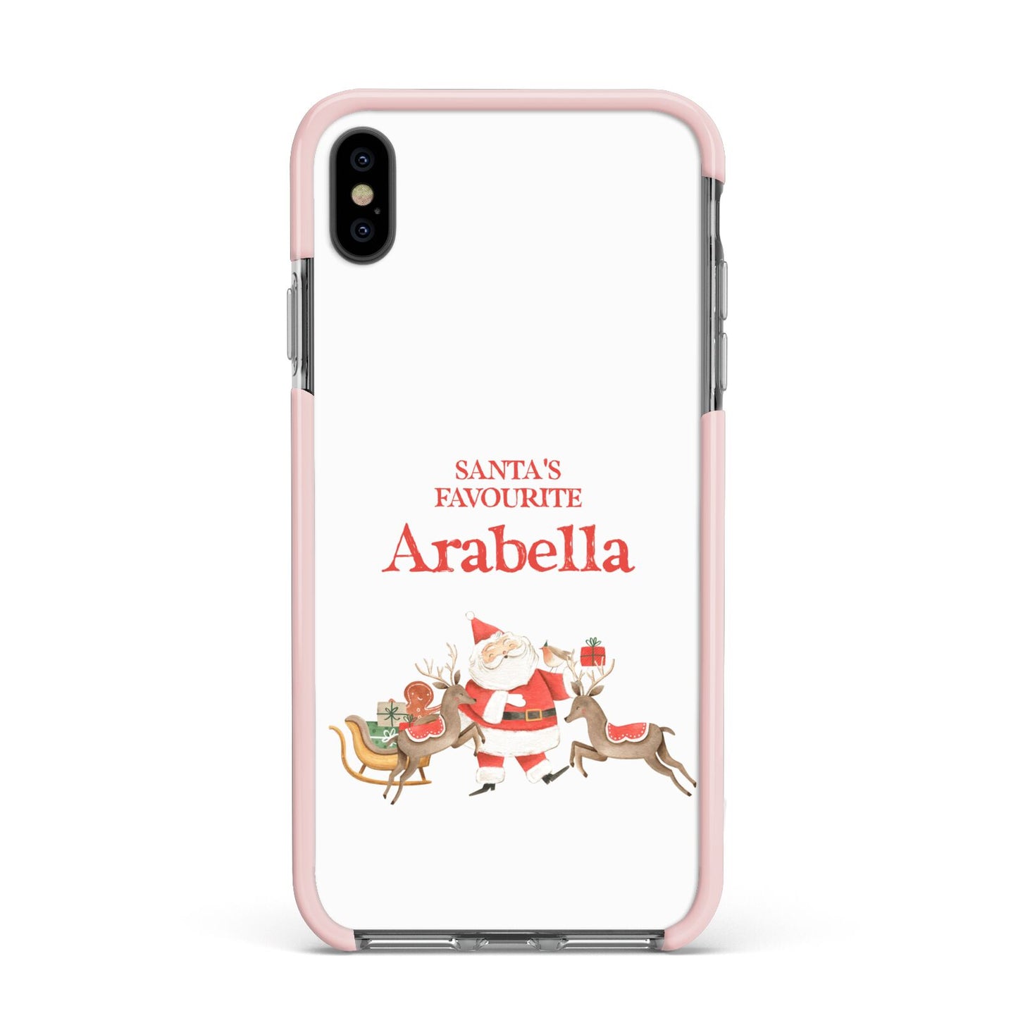 Santas Favourite Personalised Name Apple iPhone Xs Max Impact Case Pink Edge on Black Phone