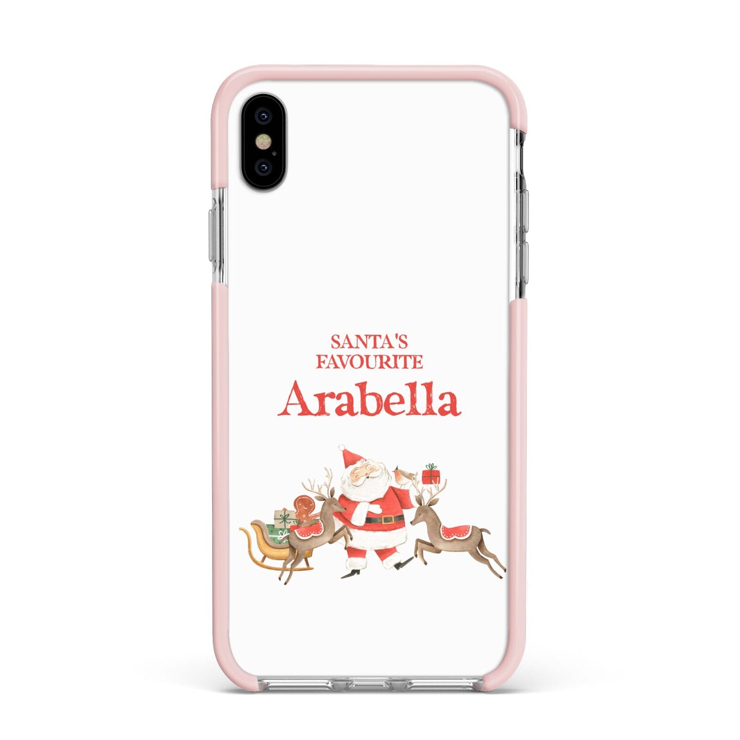 Santas Favourite Personalised Name Apple iPhone Xs Max Impact Case Pink Edge on Silver Phone