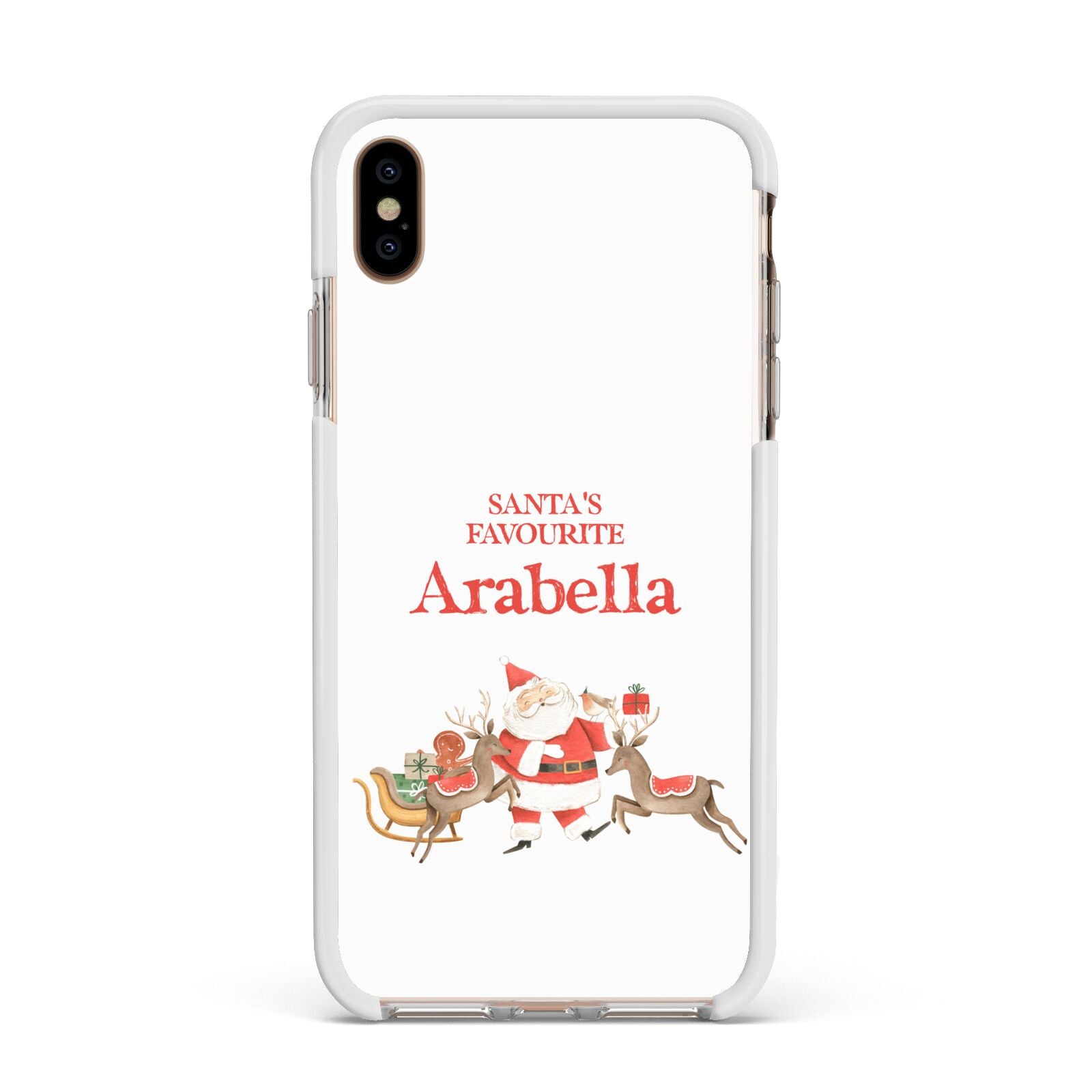 Santas Favourite Personalised Name Apple iPhone Xs Max Impact Case White Edge on Gold Phone