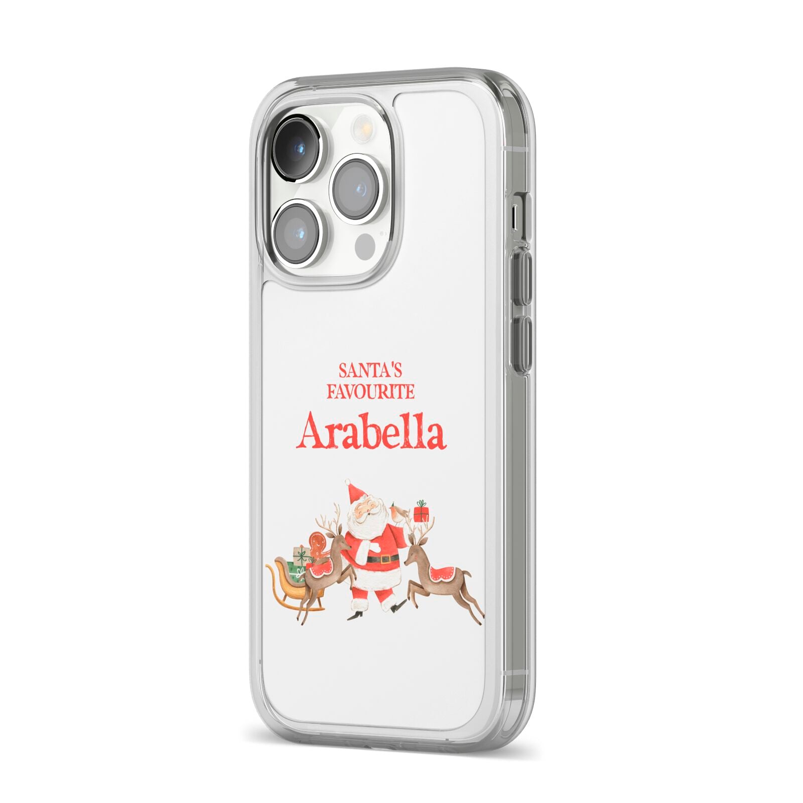 Santas Favourite Personalised Name iPhone 14 Pro Clear Tough Case Silver Angled Image