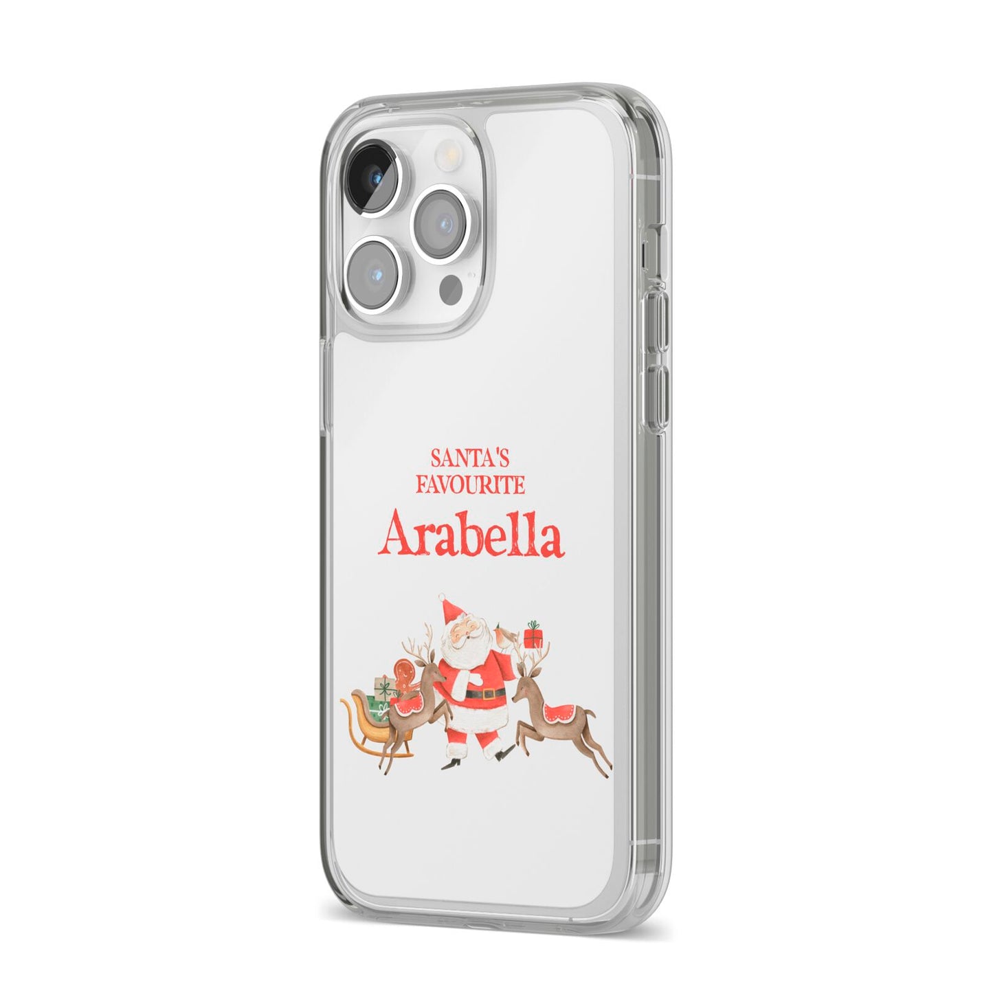 Santas Favourite Personalised Name iPhone 14 Pro Max Clear Tough Case Silver Angled Image