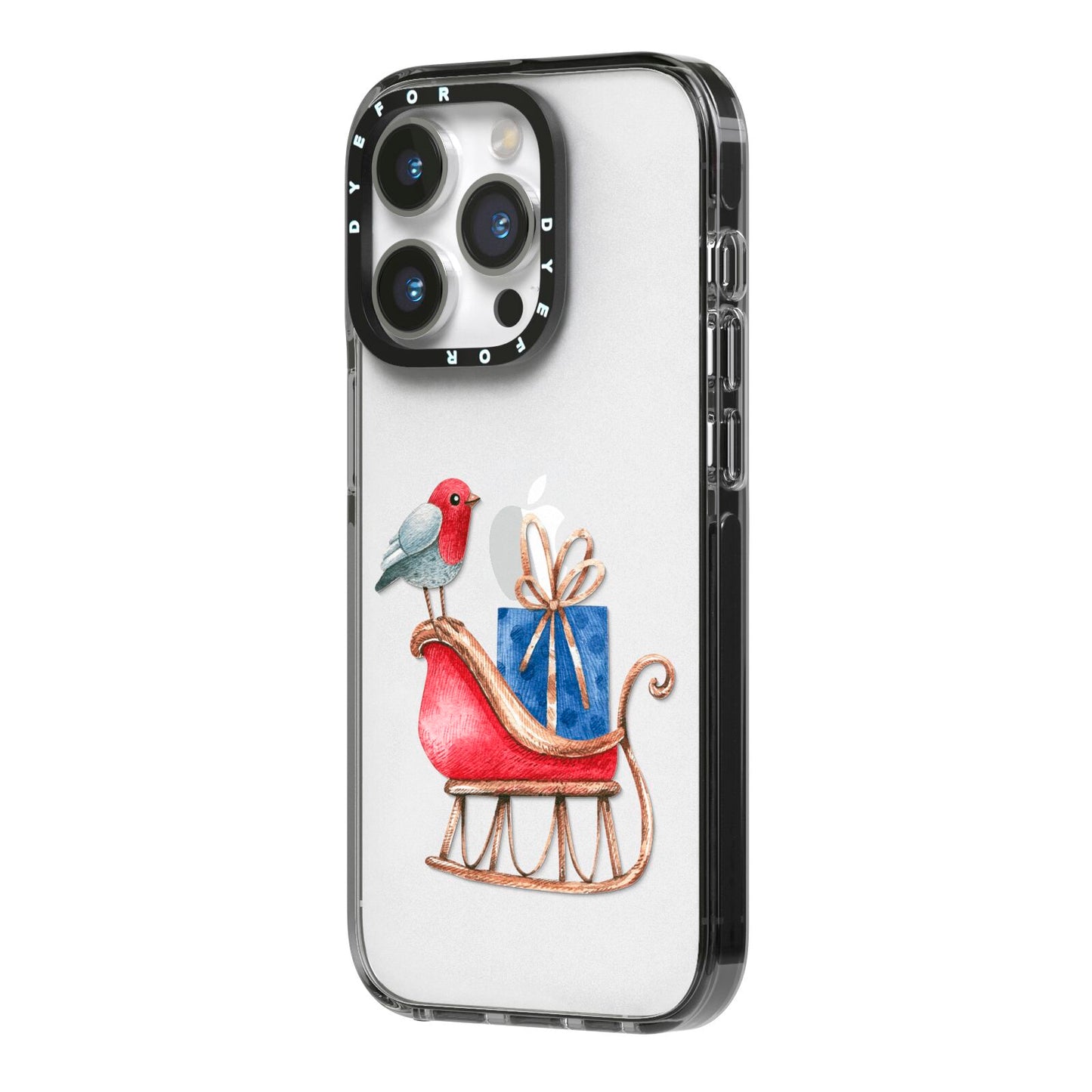 Santas Sleigh iPhone 14 Pro Black Impact Case Side Angle on Silver phone